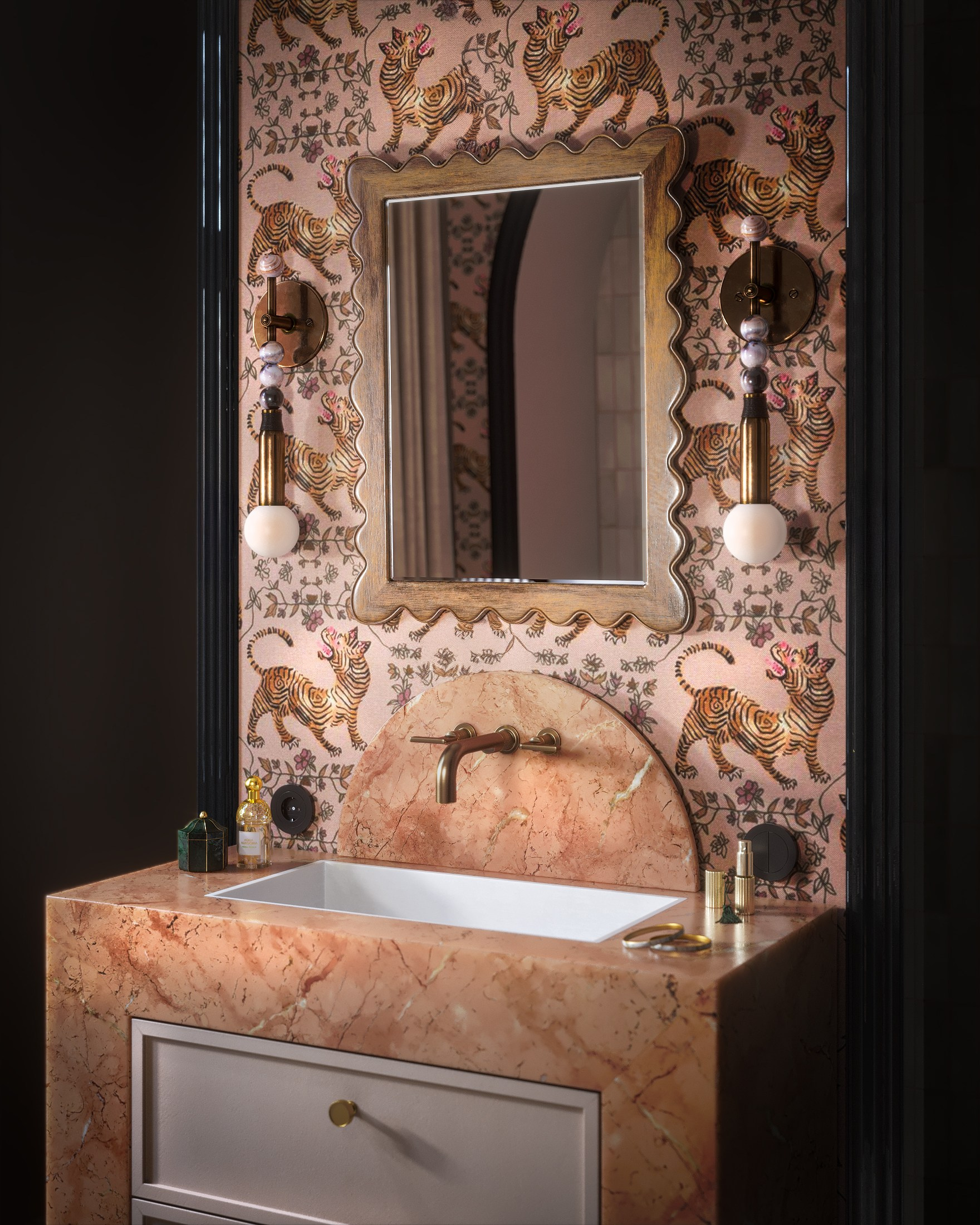 3D visualization of an elegant bathroom interior with a freestanding white bathtub, tiger-patterned wallpaper, and beige marble floor; visualización 3D de un elegante baño con bañera exenta blanca, papel pintado con tigres y suelo de mármol beige