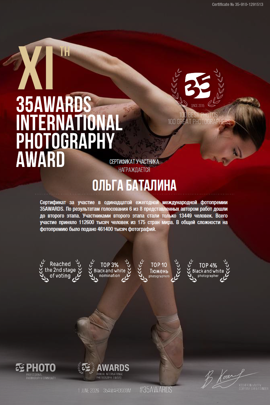 Сертификат участника международного конкурса th9 Award35 с достижением "ТОП 20 Тюмень"