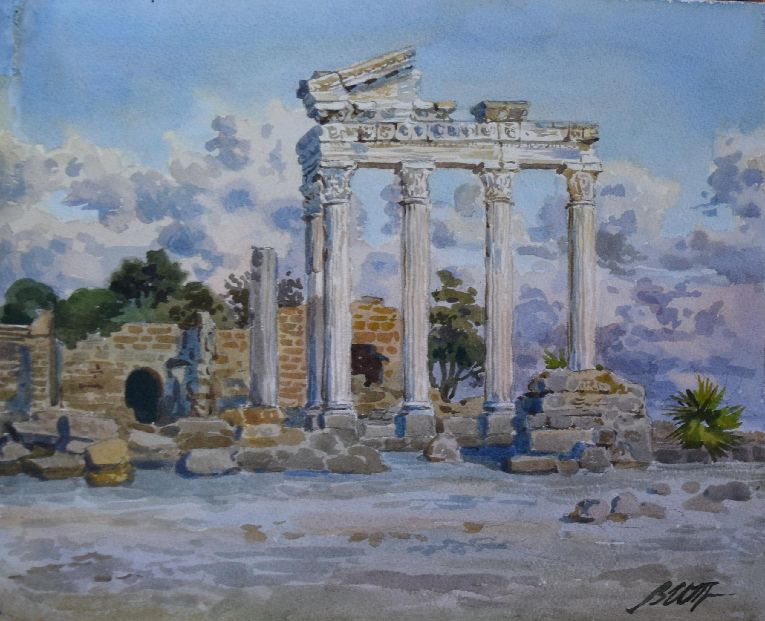 Акварель. Пейзаж. Картина. Турция. Сиде. Руины античного храма Аполлона. вечерний пейзаж. Романтизм. Путешествия.