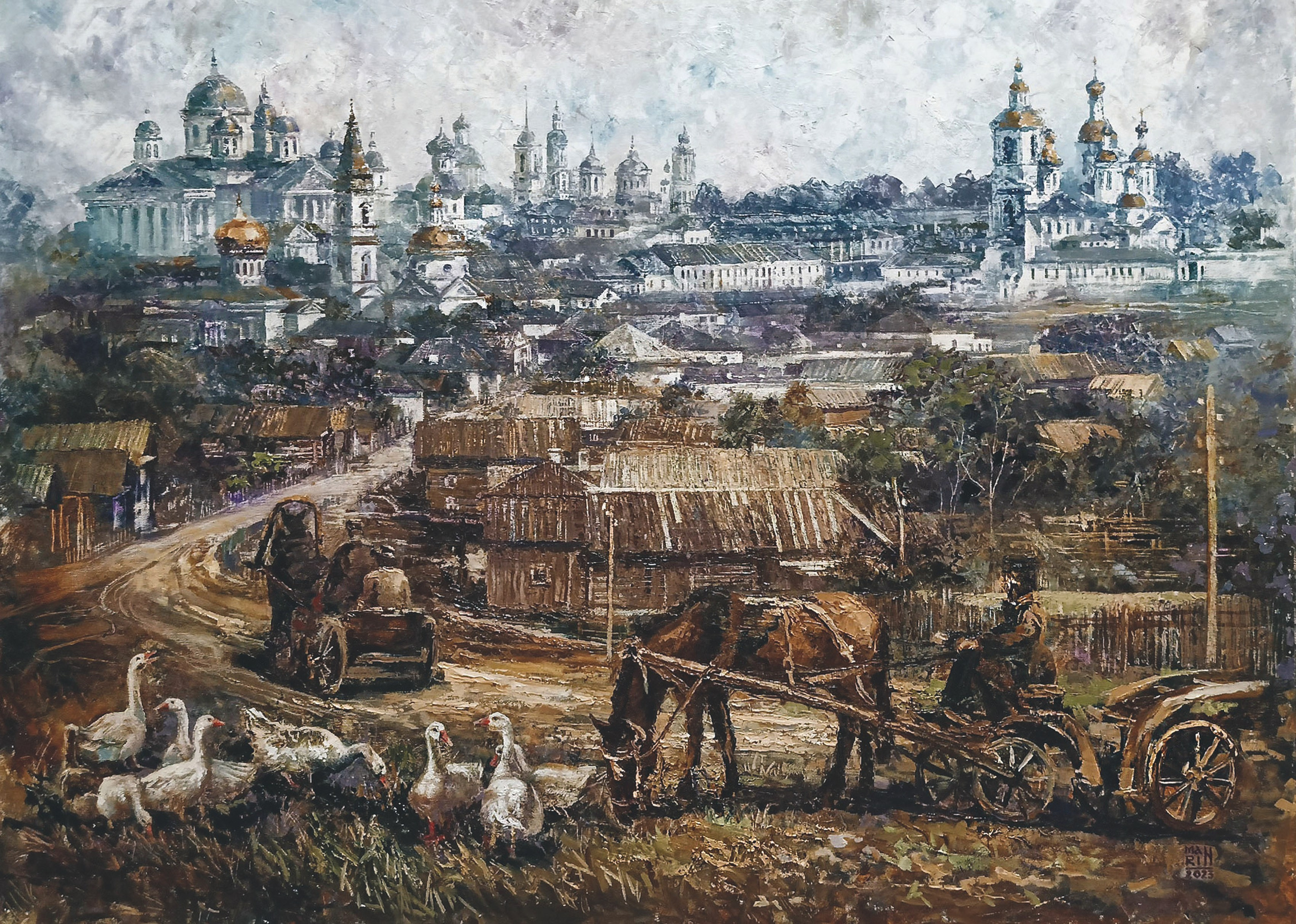 картины, интерьерные картины, картины маслом, масло, природа, живопись, город,  купить картину, картина в подарок, церковь, картина с церковью, усадьба, старина, ретро стиль, осень, осенняя картина, панорама, старый город, монастырь, Арзамас, Старый Арзамас, гуси, лошадь