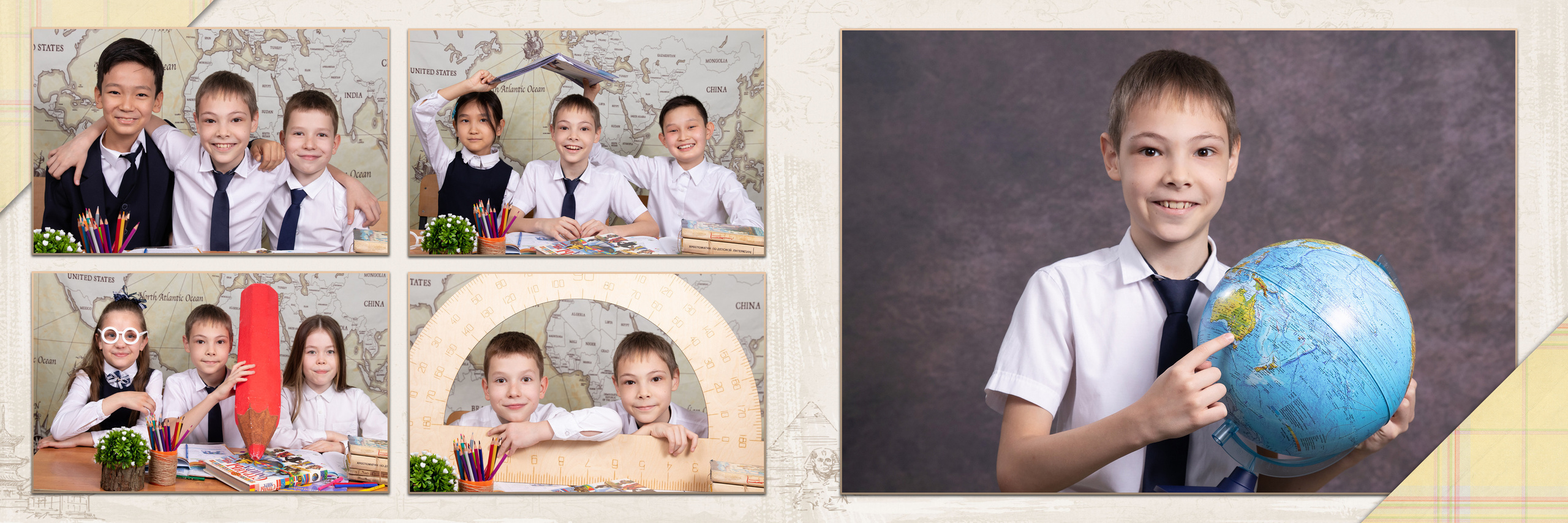 Фотоальбом «Вокруг света». Детский фотограф в Алматы, виньетки, выпускной альбом Алматы