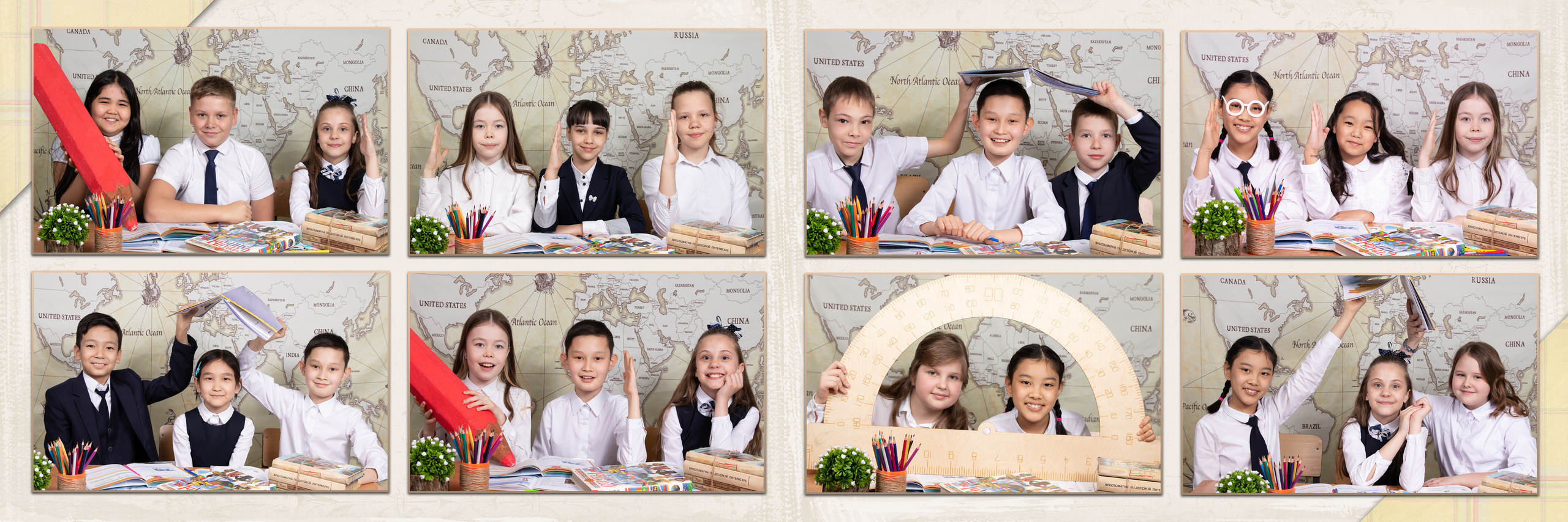 Фотоальбом «Вокруг света». Детский фотограф в Алматы, виньетки, выпускной альбом Алматы