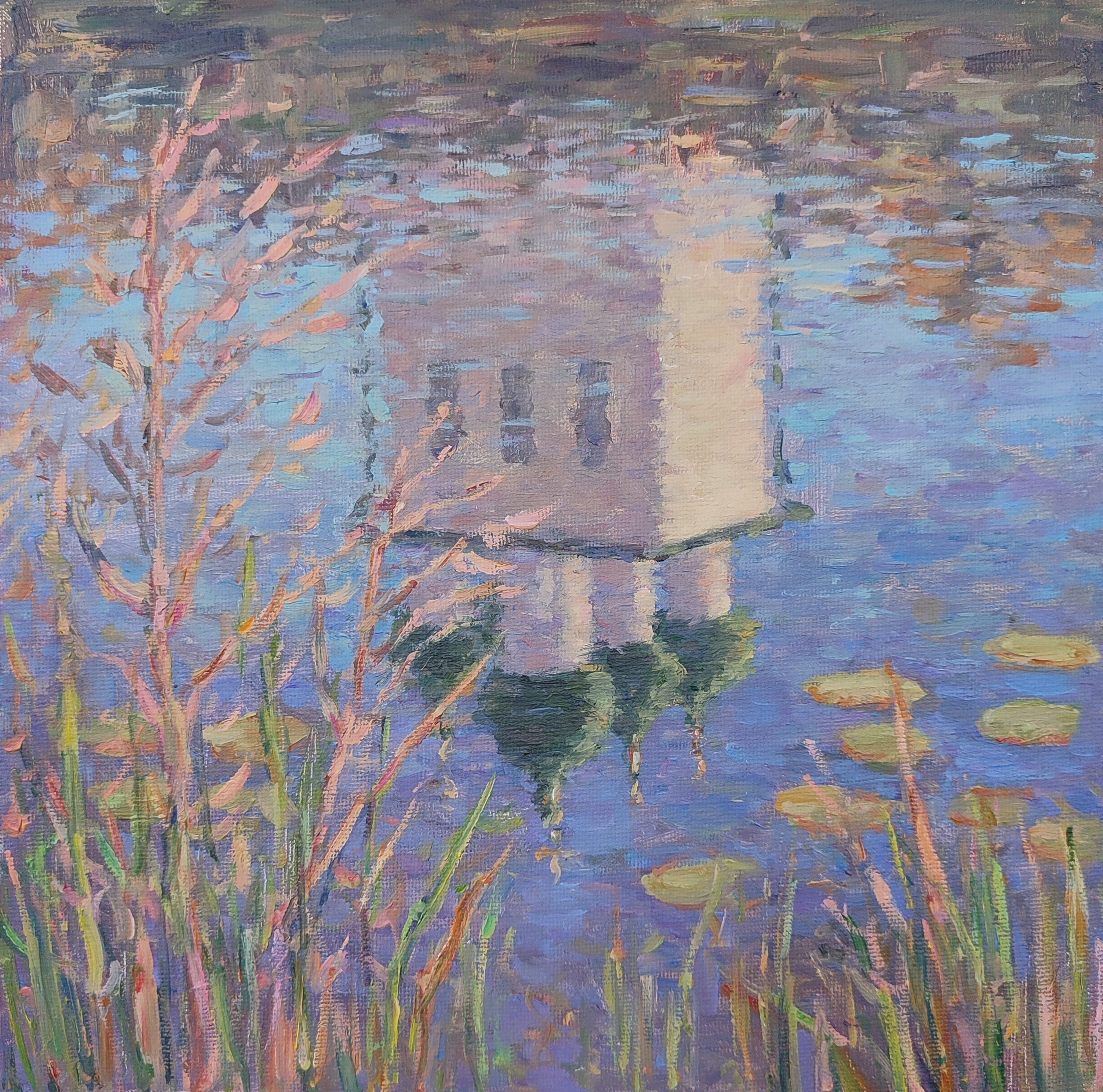 Отражение церкви в воде, купить маленькую картину