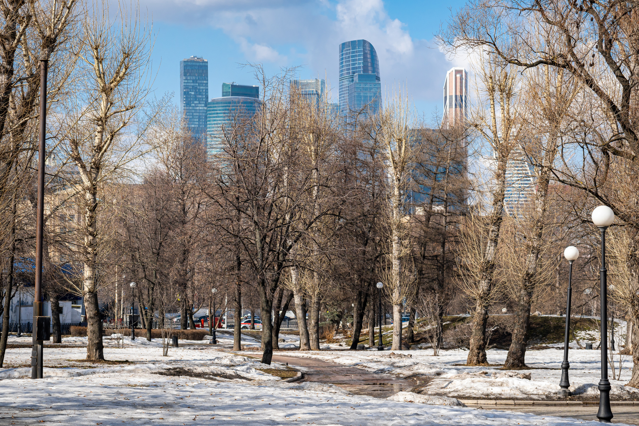 Вид на небоскребы Москва-Сити из парка у Новодевичьего монастыря