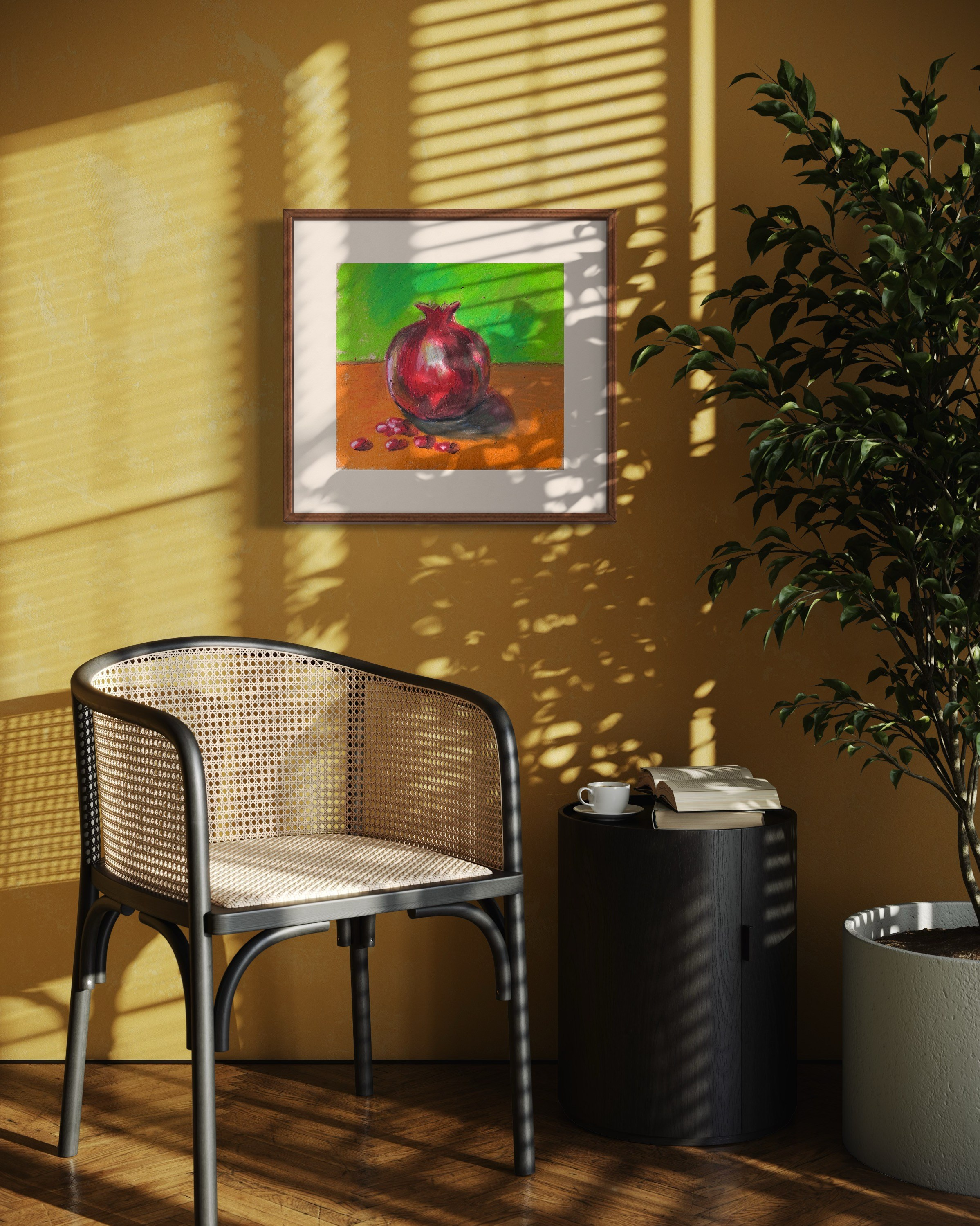 пастель, натюрморт, гранат, осень, тепло, уют, интерьерная живопись, яркость, контраст, природные мотивы.