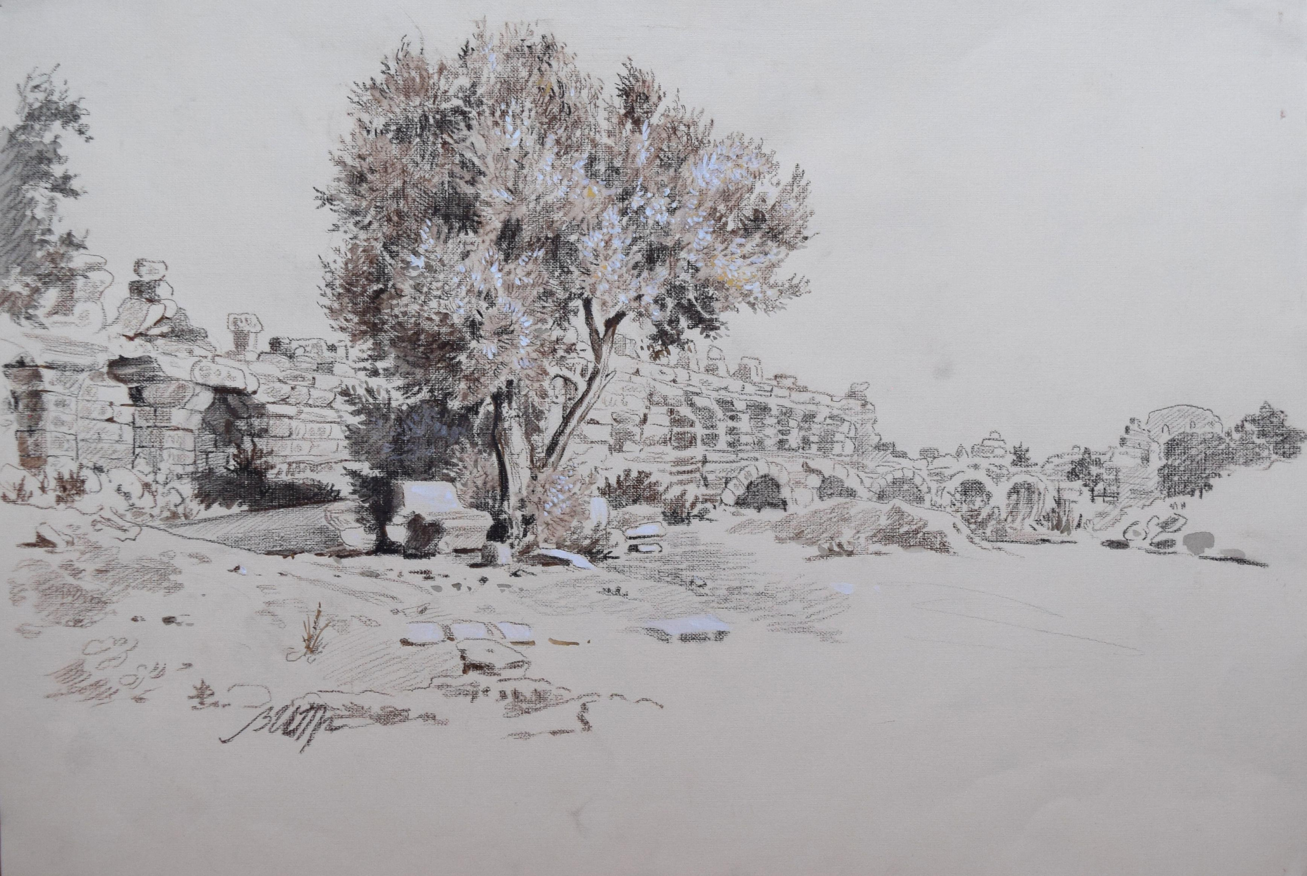 Сангина, уголь. Смешанная техника. Пейзаж.  Античные городские стены Сиде. Турция.