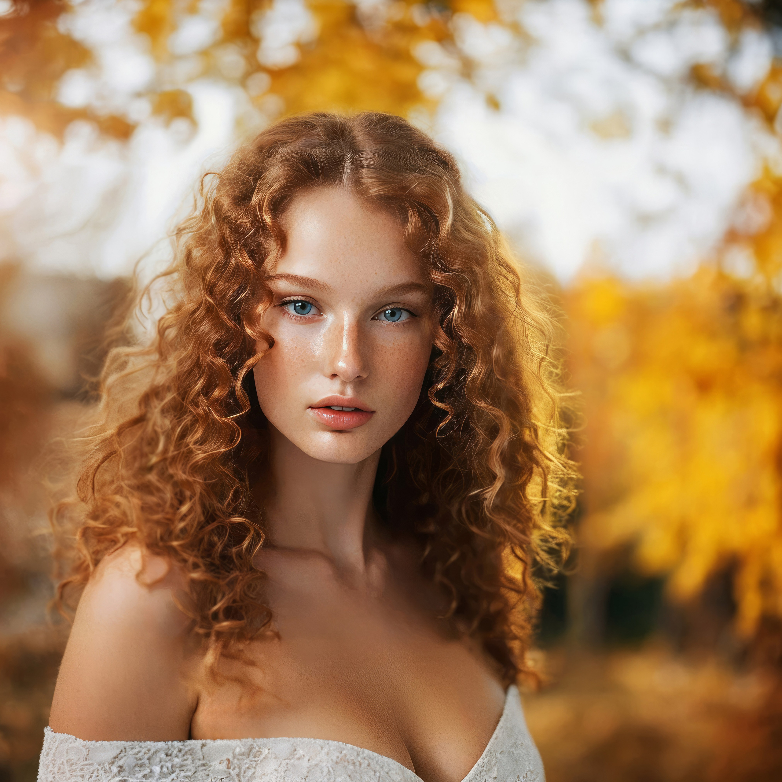 Бесплатные кисти для ретуши кожи в Adobe Photoshop в 2024 году. Пример отретушированного женского портрета на размытом осеннем фоне