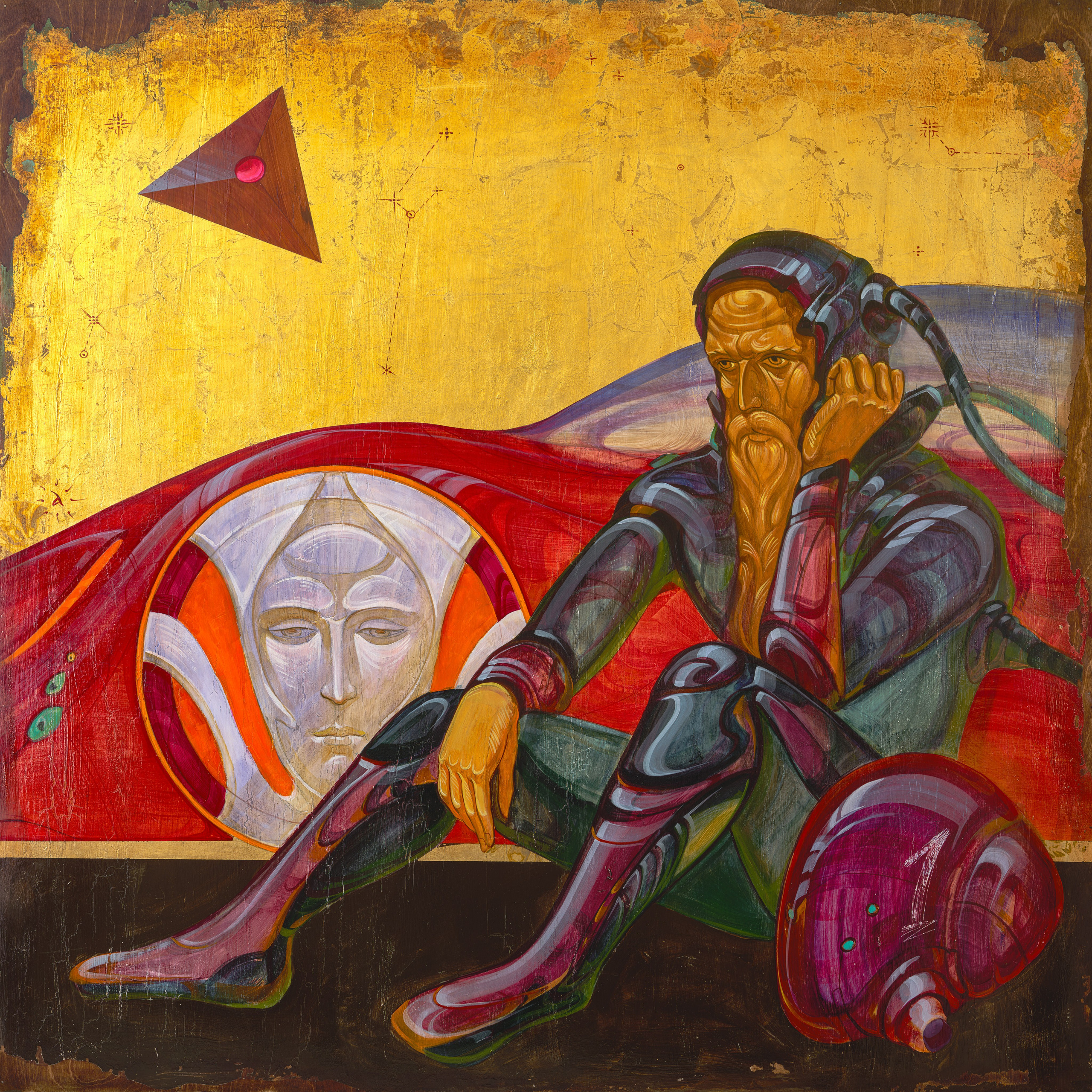 «Меланхолия/Пилот гиперкара» - Антон Фролов (дерево, темпера, поталь, 120x120 см, 2025 (297MP)