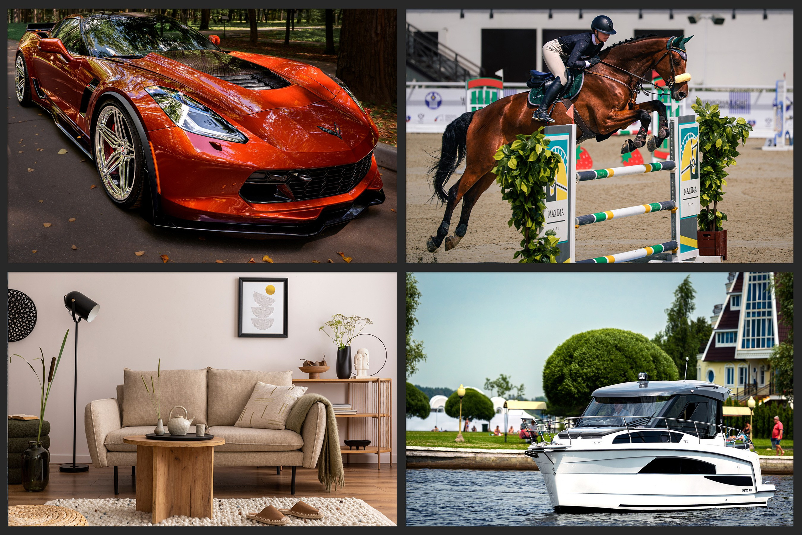 Виды фотосъёмки — коллаж из фотографий, машина, лодка, конкур, архитектура.