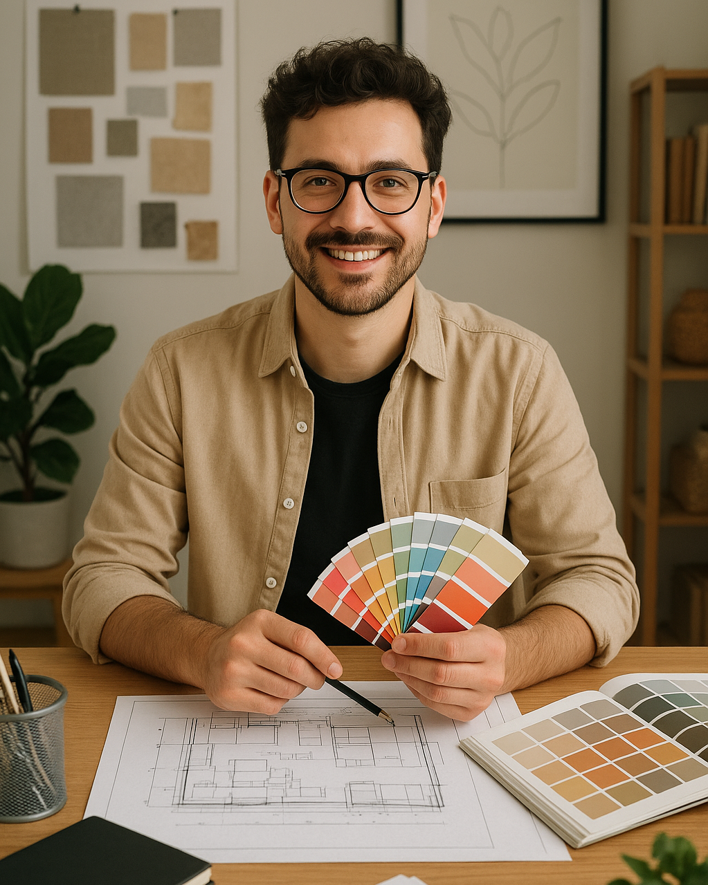 Портрет дизайнера интерьера, сидящего за столом