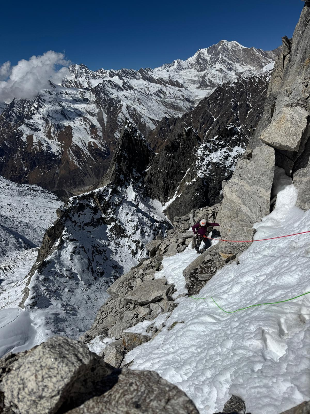 2025 Nominee: Bhalu and a Biscuit. First ascent of the Point Walkers in the Satling Glacier, Garhwal Himalayas. “Steel Angel”: women’s climbing award