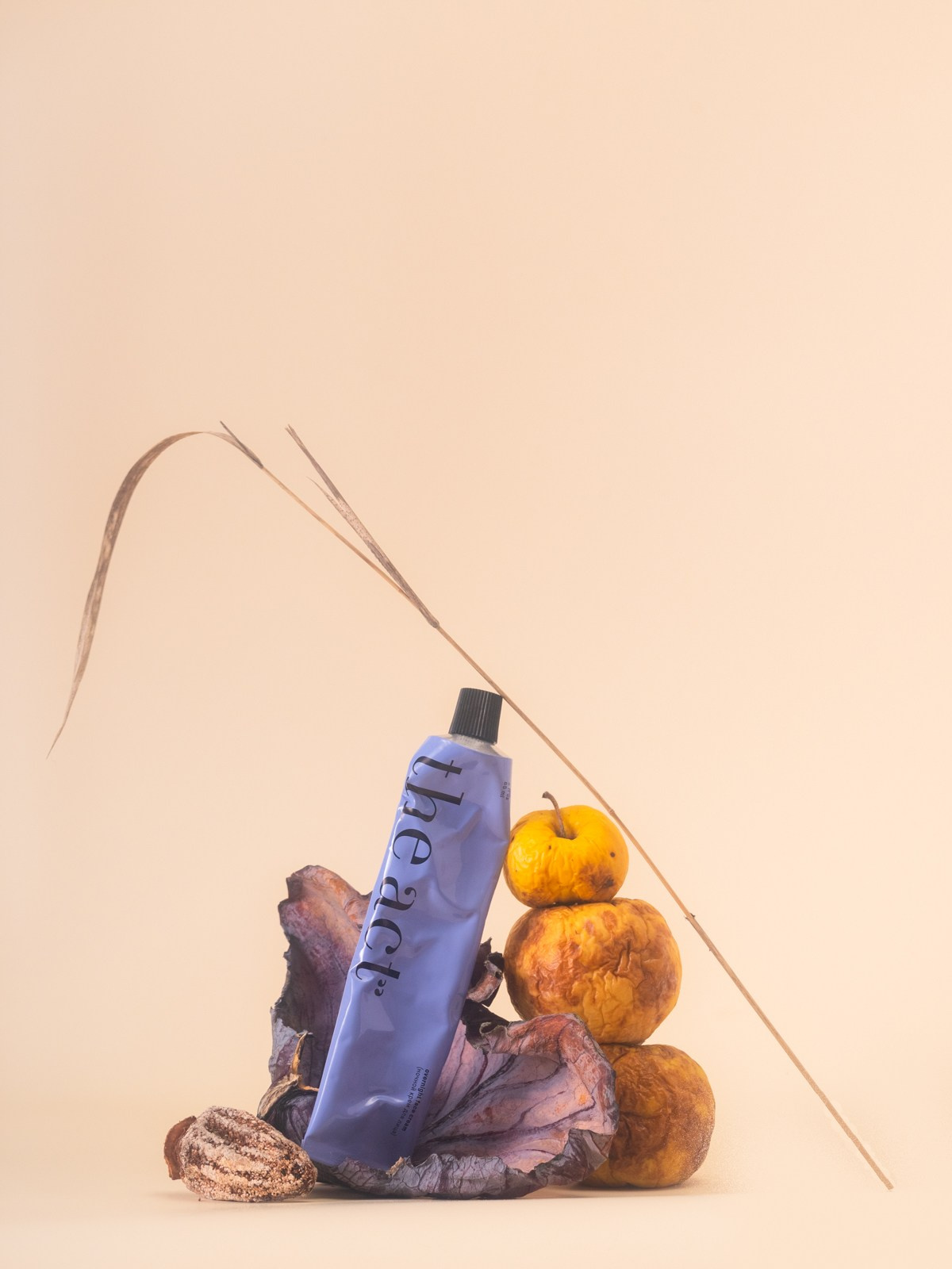 Предметная съёмка фиолетового тюбика косметики the Act с сухими листьями, травой и сморщенными яблоками на светлом фоне