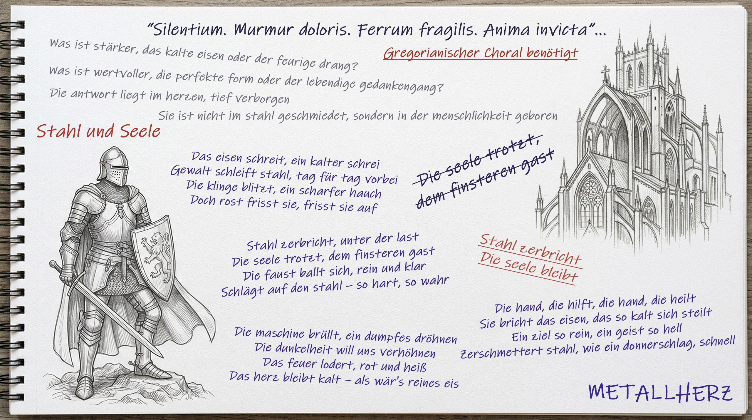 Stahl und Seele - текст песни Metallherz. Рыцарь и готический Собор. Рисунок Виктора Шталя.