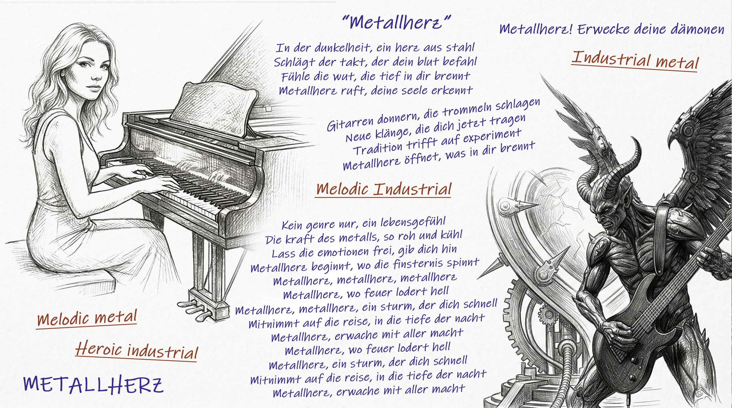 Текст сингла "Metallherz" группы Metallherz. Пробуди своих демонов. Рисунок Виктора Шталя.