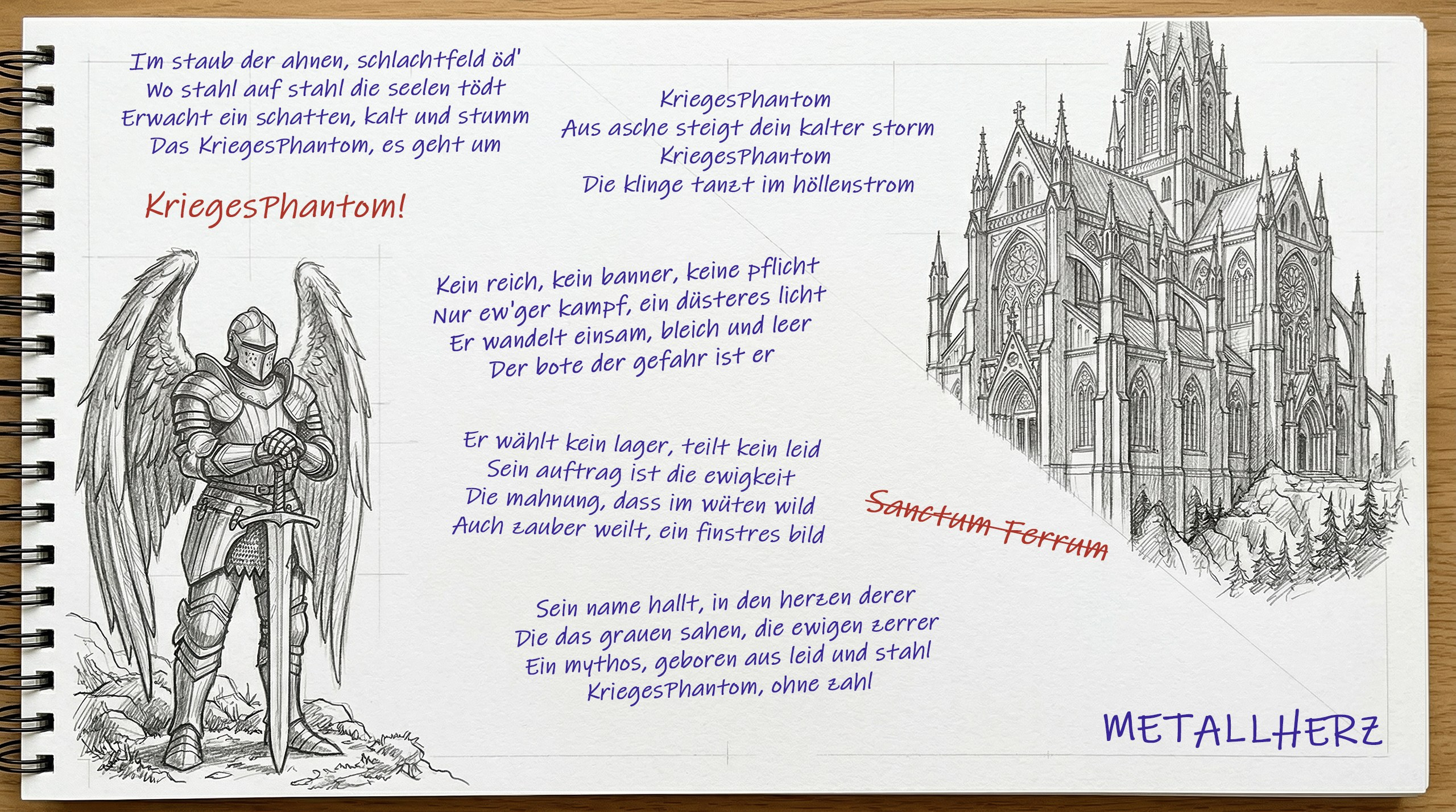 KriegesPhantom! - песня Metallherz. Призрак войны - рыцарь с крыльями и готический Собор. Рисунок Виктора Шталя.