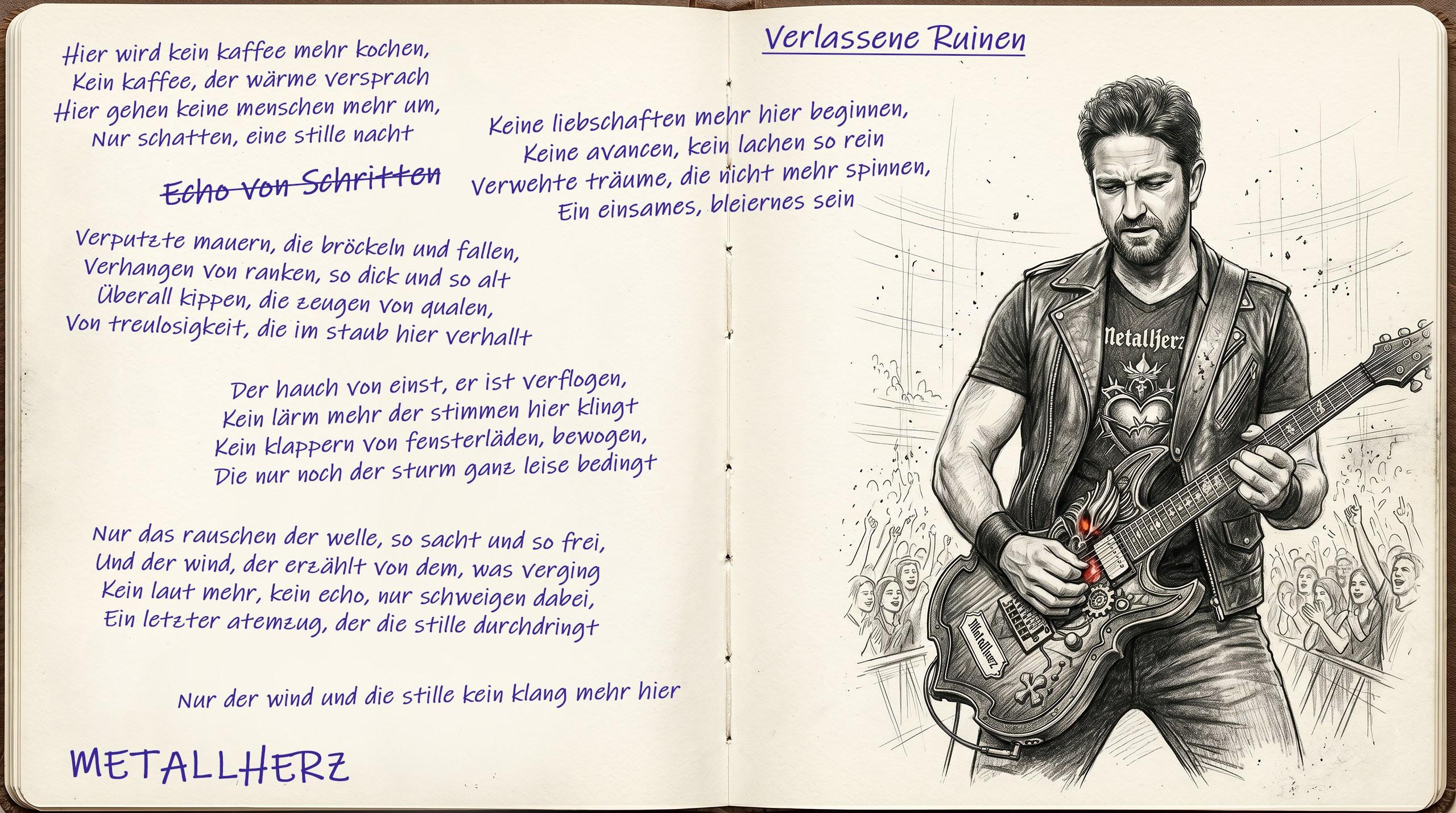 Виктор Шталь (Metallherz) рисунок - автопортрет с гитарой Demon. Текст песни Verlassene Ruinen