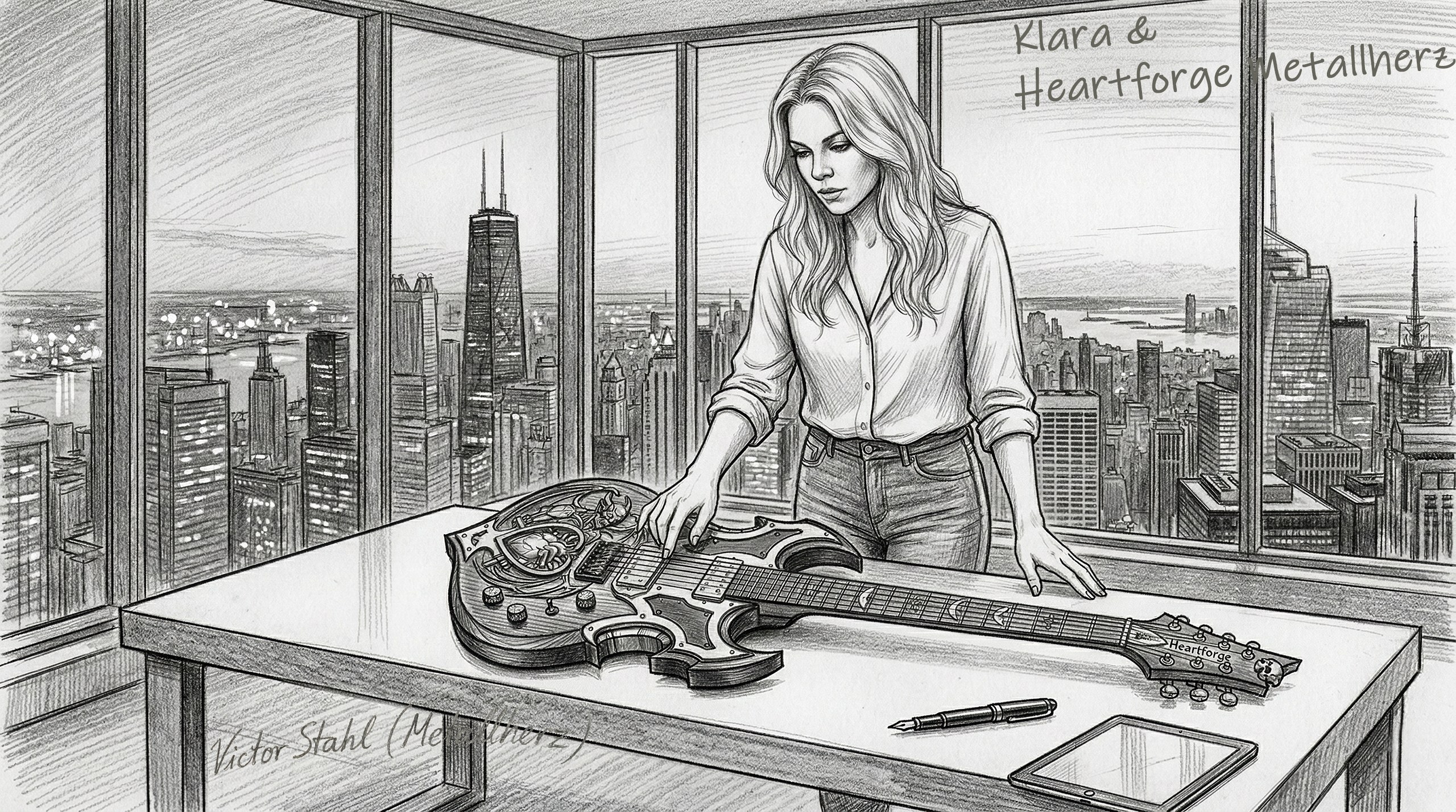 Клара Шталь осматривает гитару Heartforge Metallherz - карандашный рисунок Виктора Шталя.