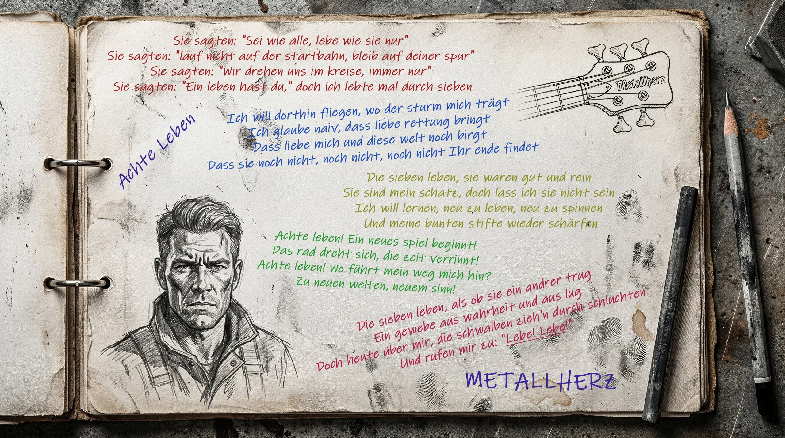 Карандашные наброски Виктора Шталя (лидера Metallherz) на старом блокноте - Юрген и голова бас-гитары. А так же текст песни Achte Leben.