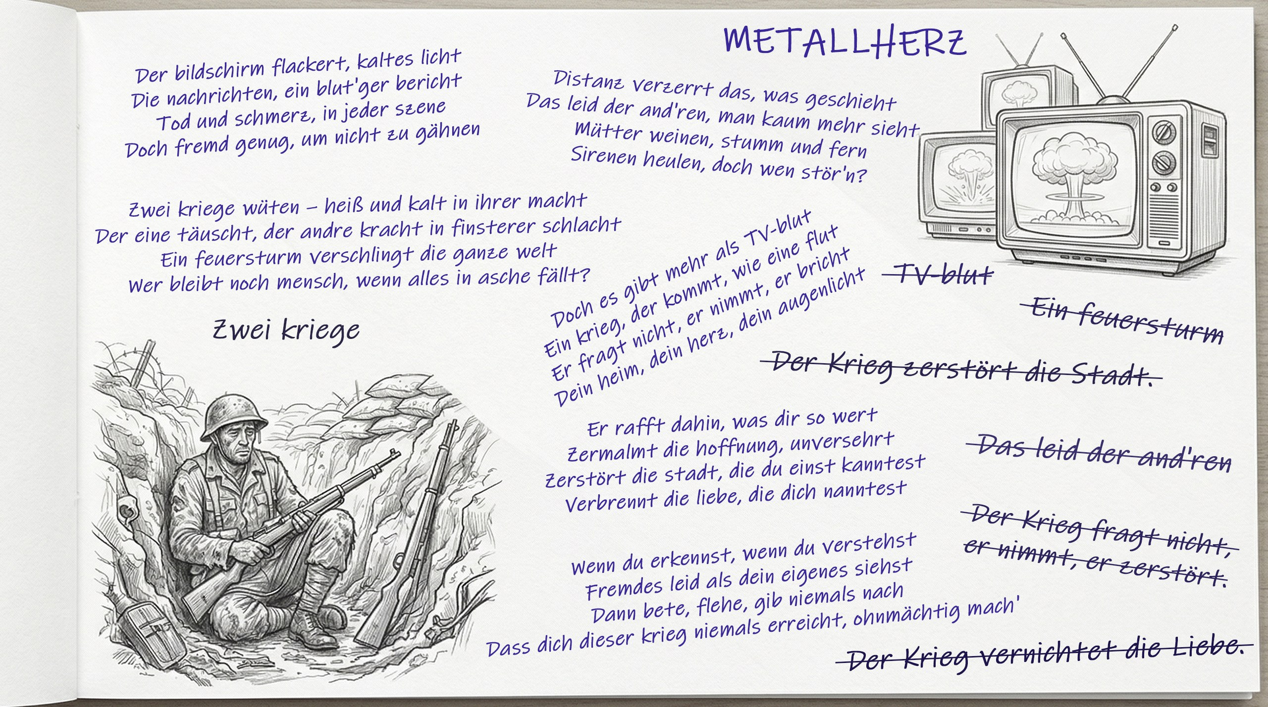 Zwei kriege - две войны - реальная и медийная. Слова песни Metallherz. Солдат в окопе и телевизор. Рисунок Виктора Шталя.