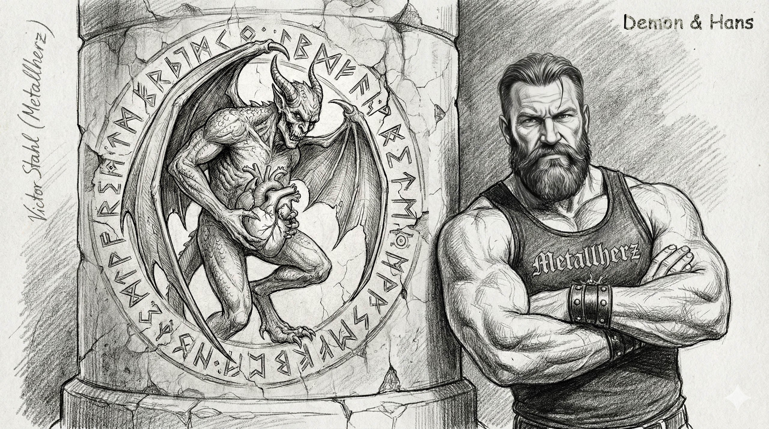 Ганс (ударник Metallherz) у колонны с фреской Демона с Сердцем. Рисунок Виктора Шталя.