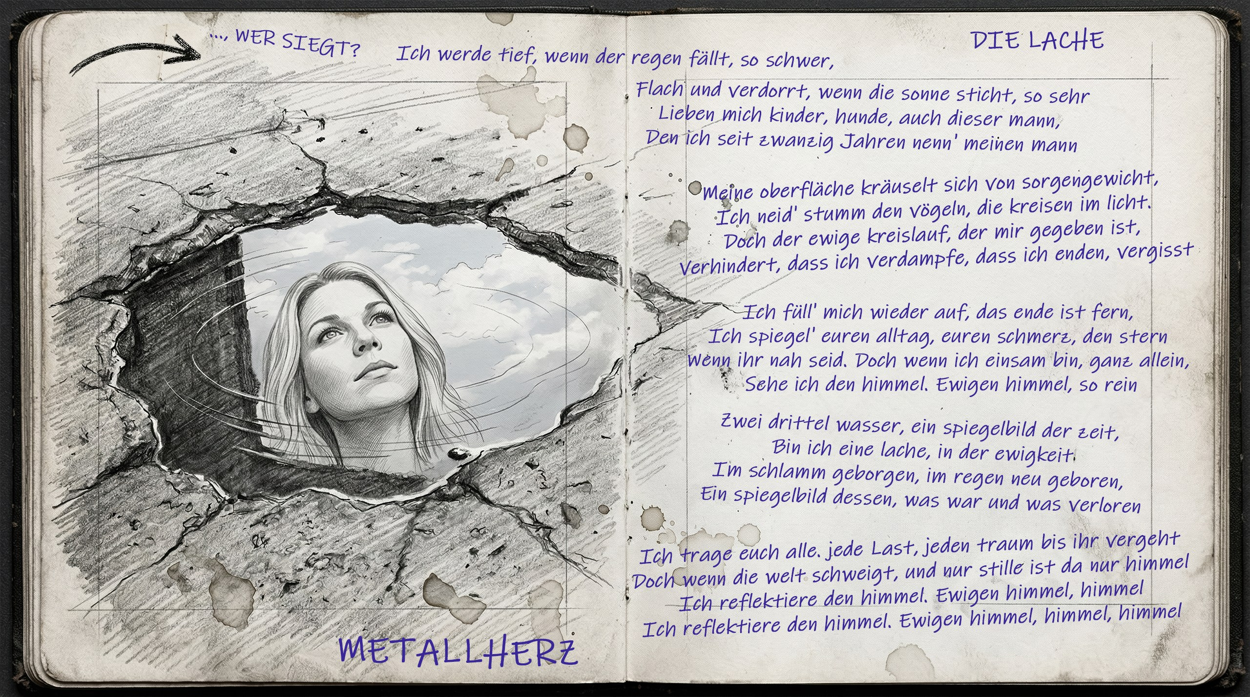 Карандашные наброски Виктора Шталя (лидера Metallherz) на старом блокноте - Юрген и голова бас-гитары. А так же текст песни Achte Leben.