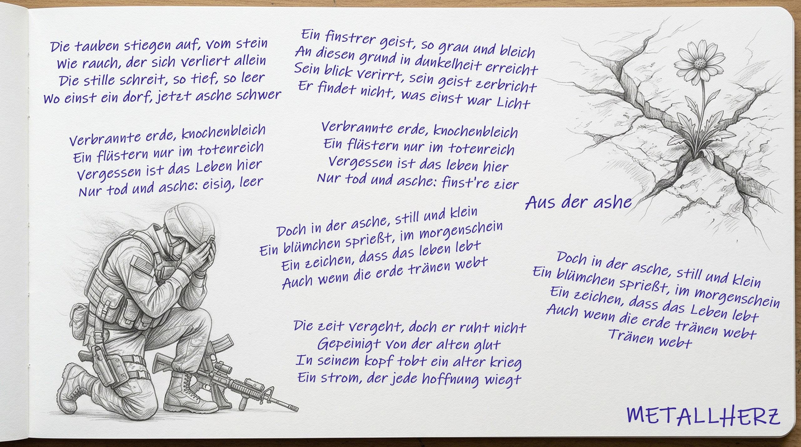 Солдат сидит на коленях и плачет. Цветок в камне. Aus der ashe - текст песни на немецом (грумма Metallherz) . Рисунок Виктора Шталя.