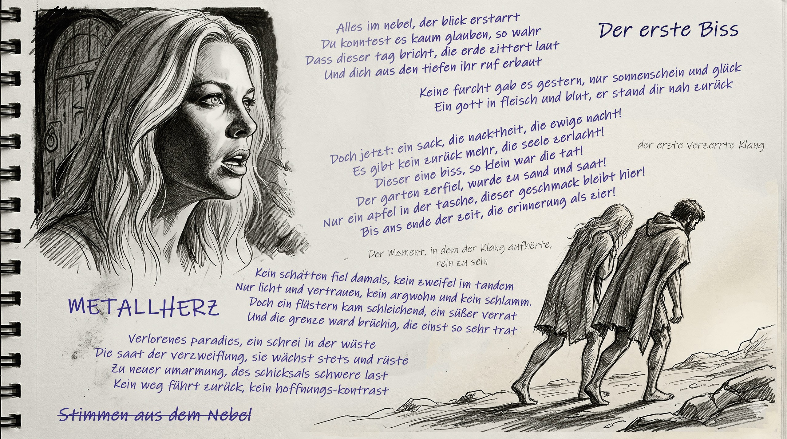Карандашные наброски Виктора Шталя (лидера Metallherz) на старом блокноте - тема фрески Изгнание из Рая. А так же текст песни Der Erste Biss.