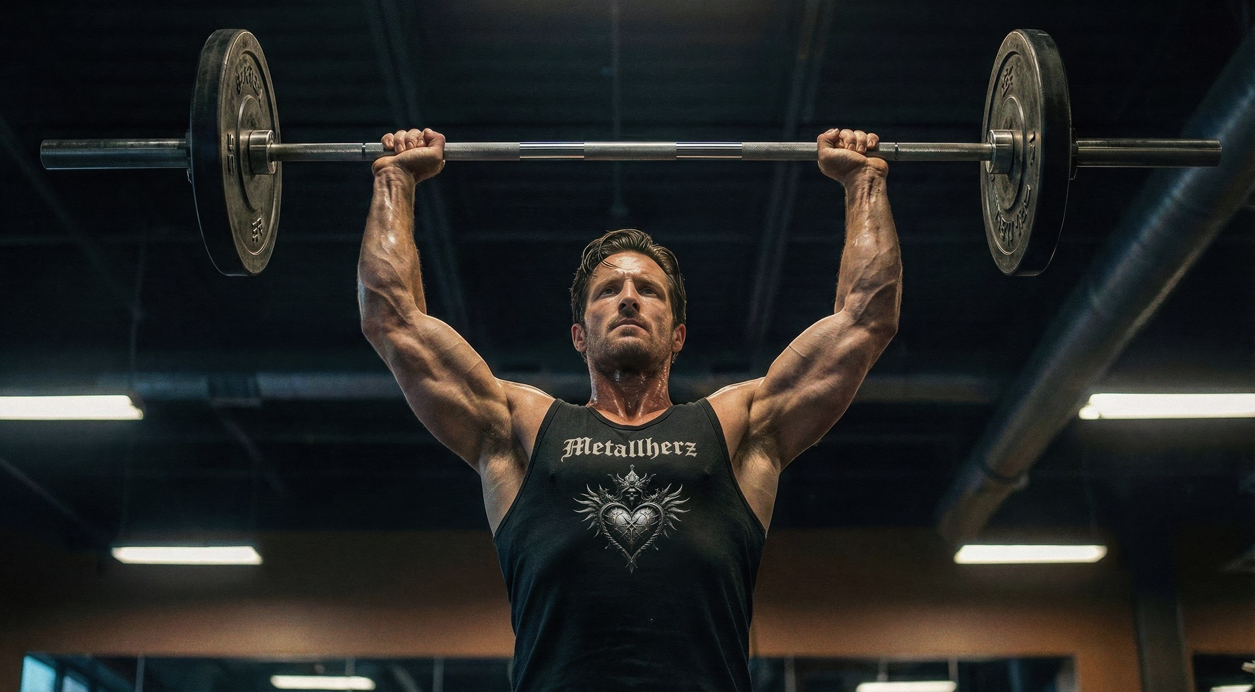 Bodybuilding. Упражнение - подъем штанги над головой. Виктор Шталь (группа Metallherz)
