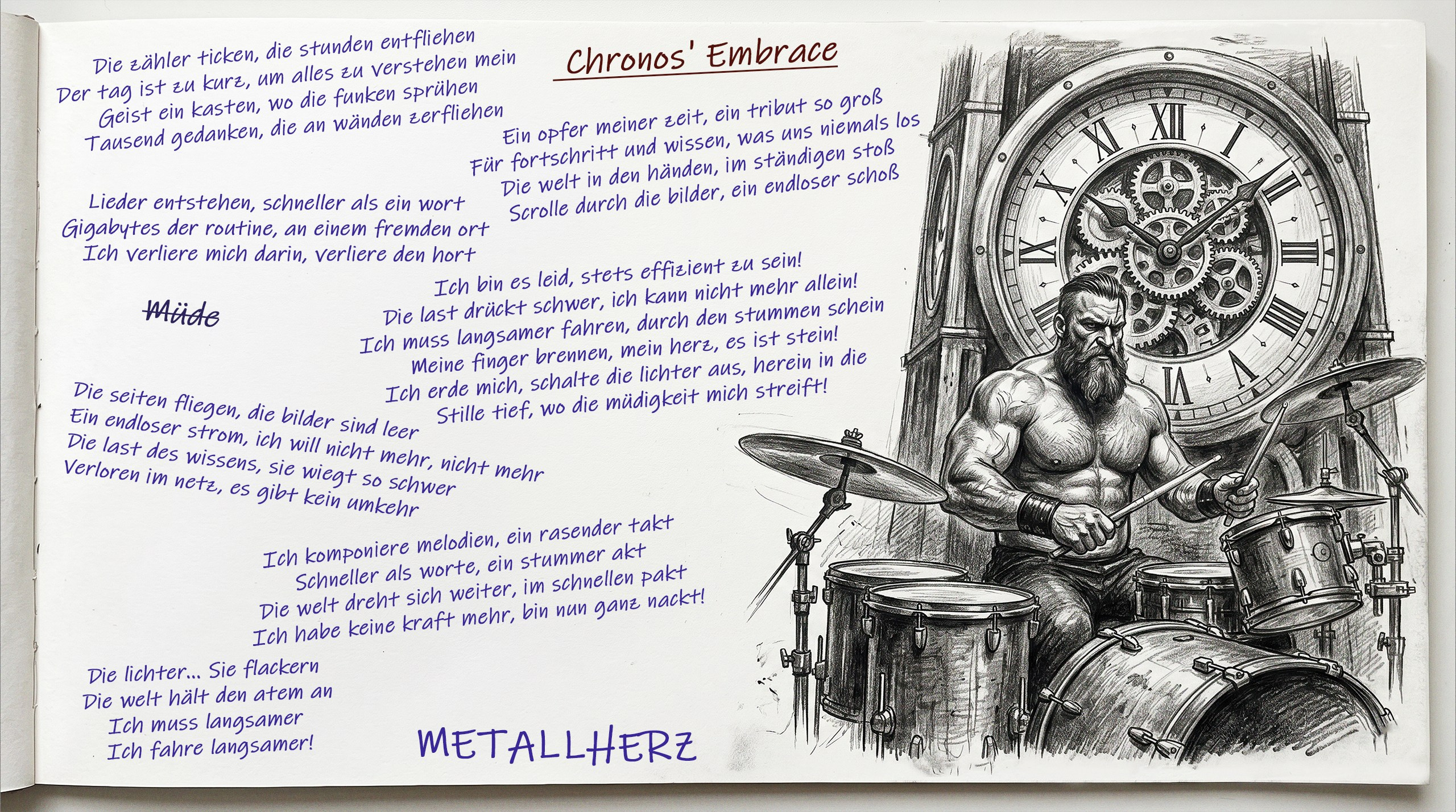 Ганс играет на ударной установке. За ним большие часы. Текст песни "Chronos' Embrace". Рисунок Виктора Шталя Metallherz
