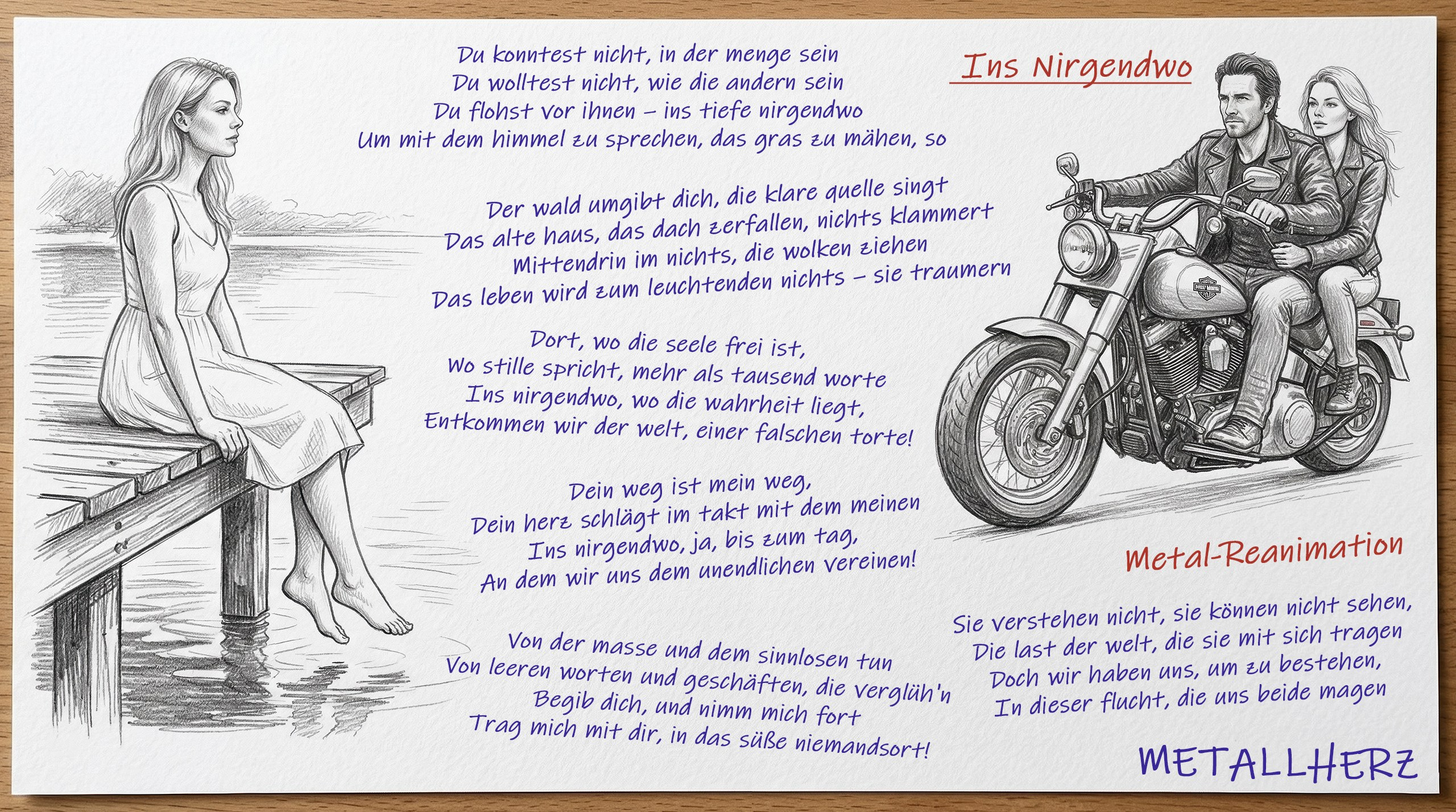 Ins Nirgendwo (Metal-Reanimation)&nbsp;— текст и&nbsp;перевод песни Metallherz. Виктор с&nbsp;Кларой на&nbsp;мотоцикле. И&nbsp;Клара на&nbsp;мостках сидит свесив ноги. Рисунок Виктора Шталя.