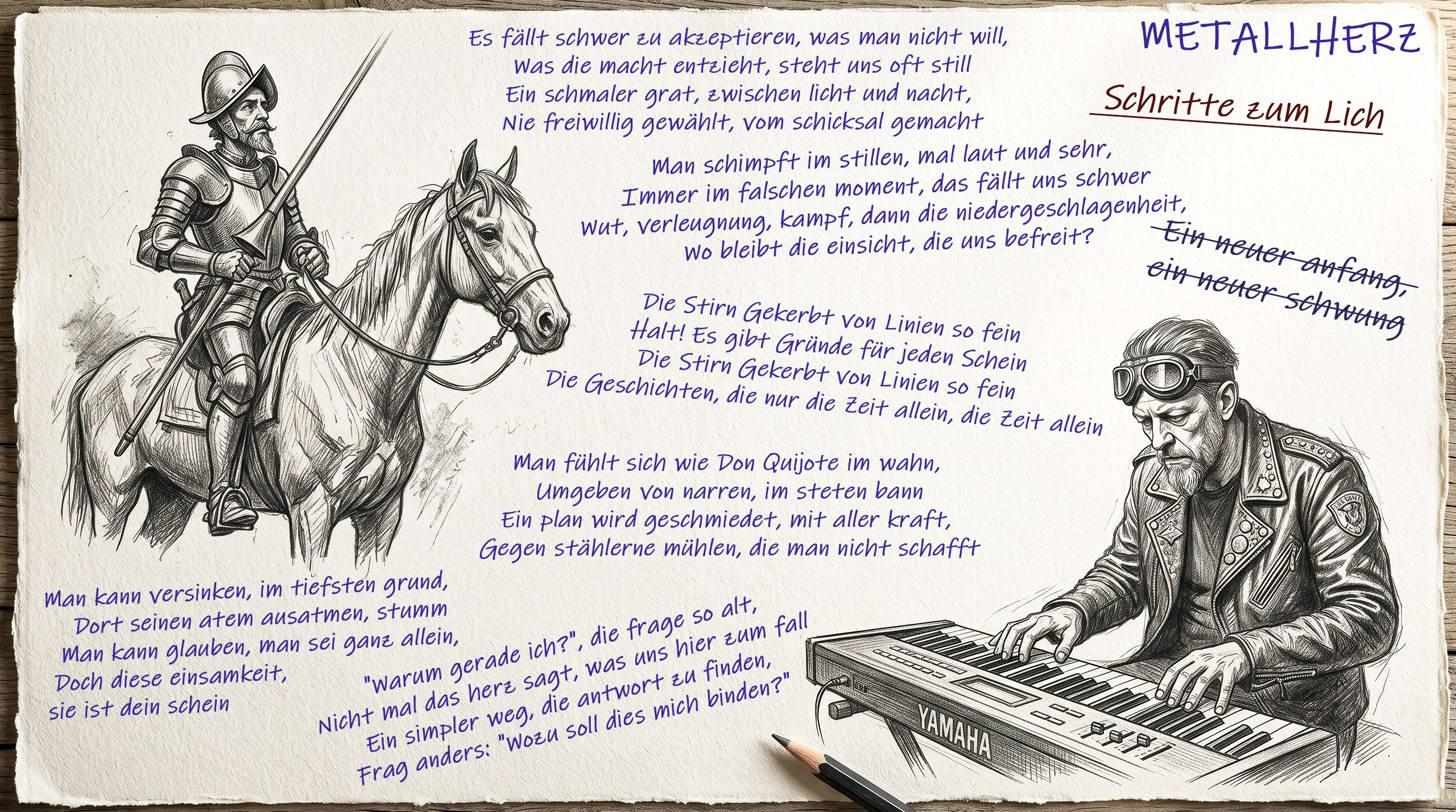 Дон Кихот на коне и Конрад играет на синтезаторе Ямаха. Текст песни Schritte zum Lich. Рисунок Виктора Шталя Metallherz