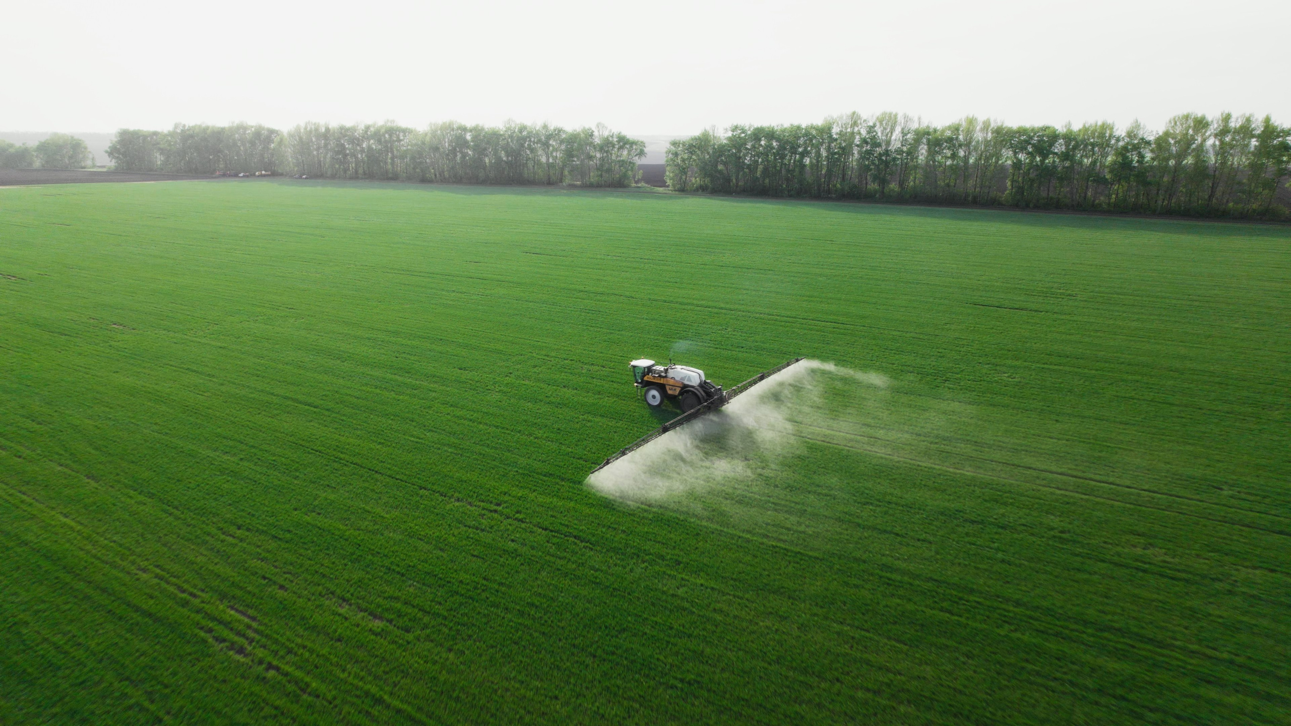 Комбайн обрабатывает озимые культоры съемка на дрон