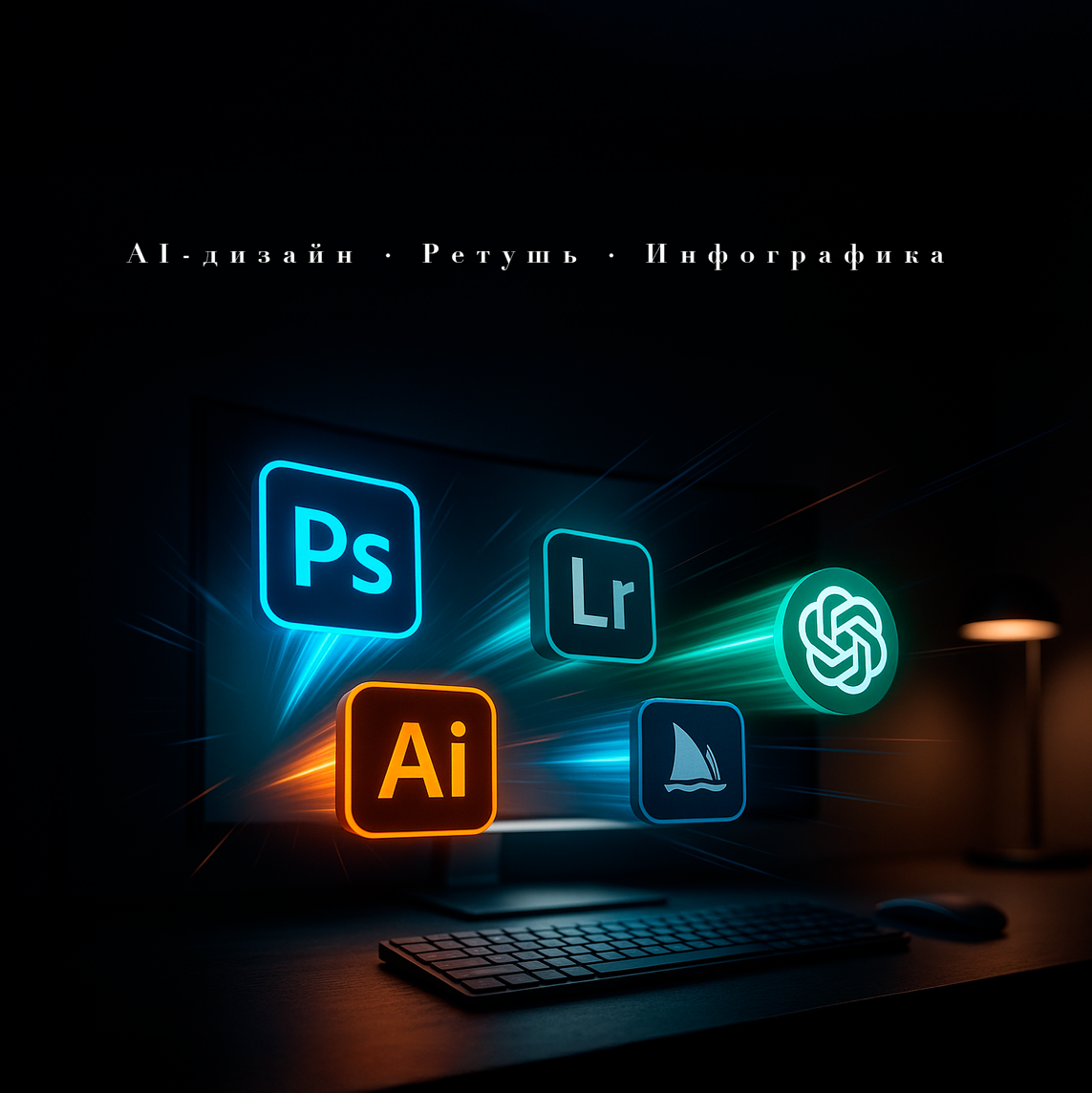 Тёмная неоновая обложка с 3D-иконками и светящимися элементами на чёрном фоне
