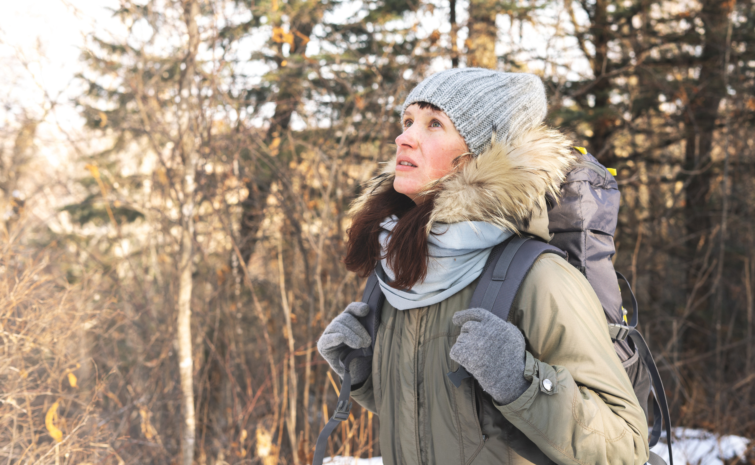 Девушка турист в зимнем лесу. Купить коммерческие фотографии для использования в дизайне и рекламе