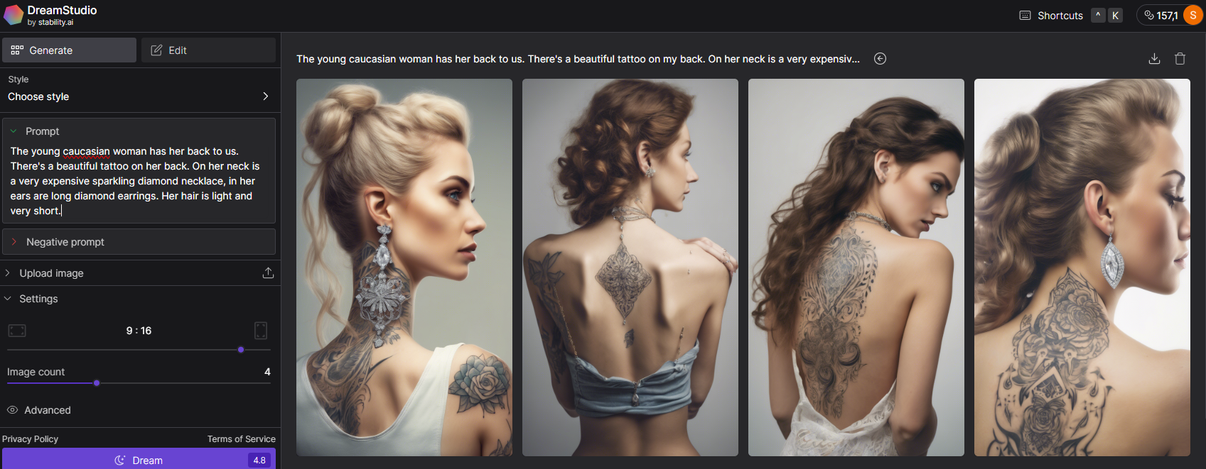 Пример результата работы программы DreamStudio, демонстрирующий создание и модификацию изображений с использованием различных инструментов редактирования