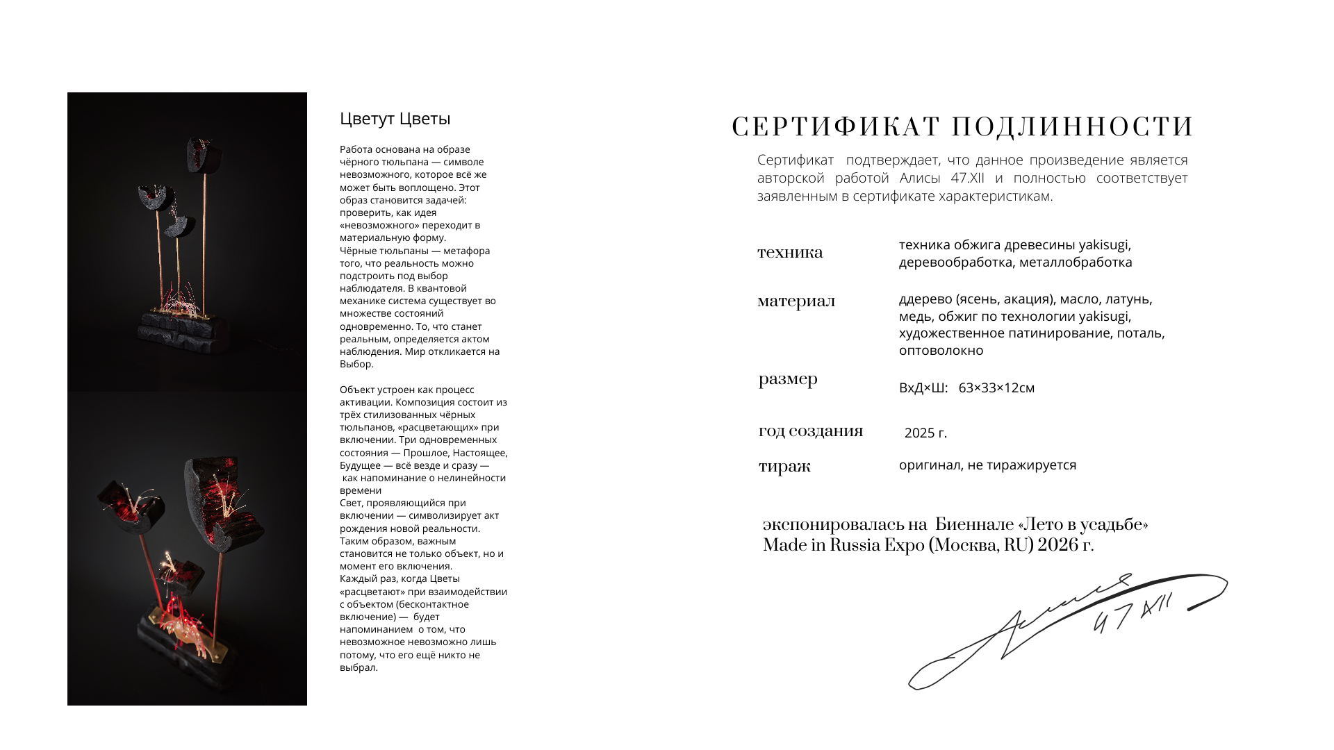 сертификат подлинности для арт-объектов , Алиса 47.XII