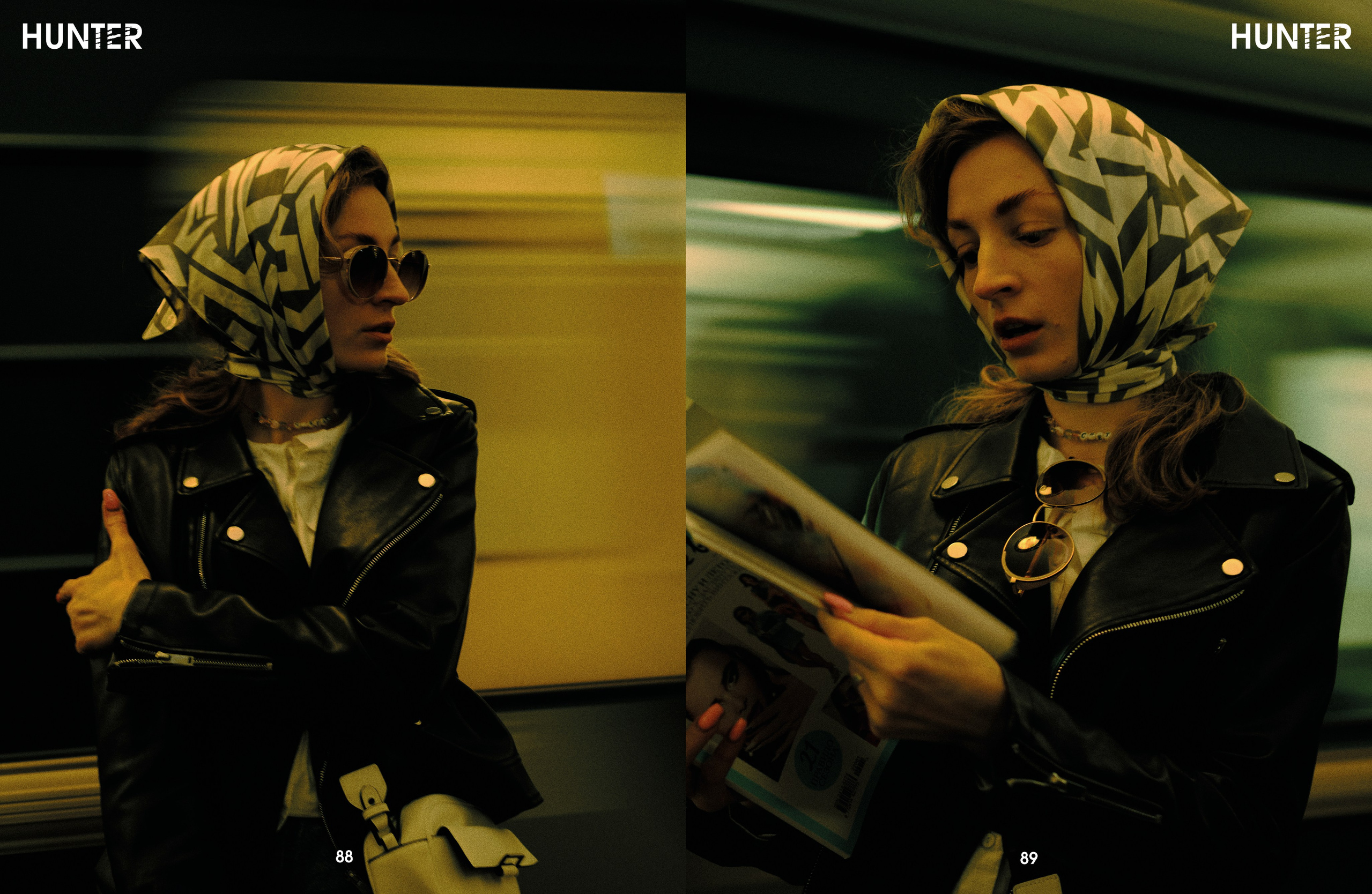 Девушка в метро в кожаной куртке