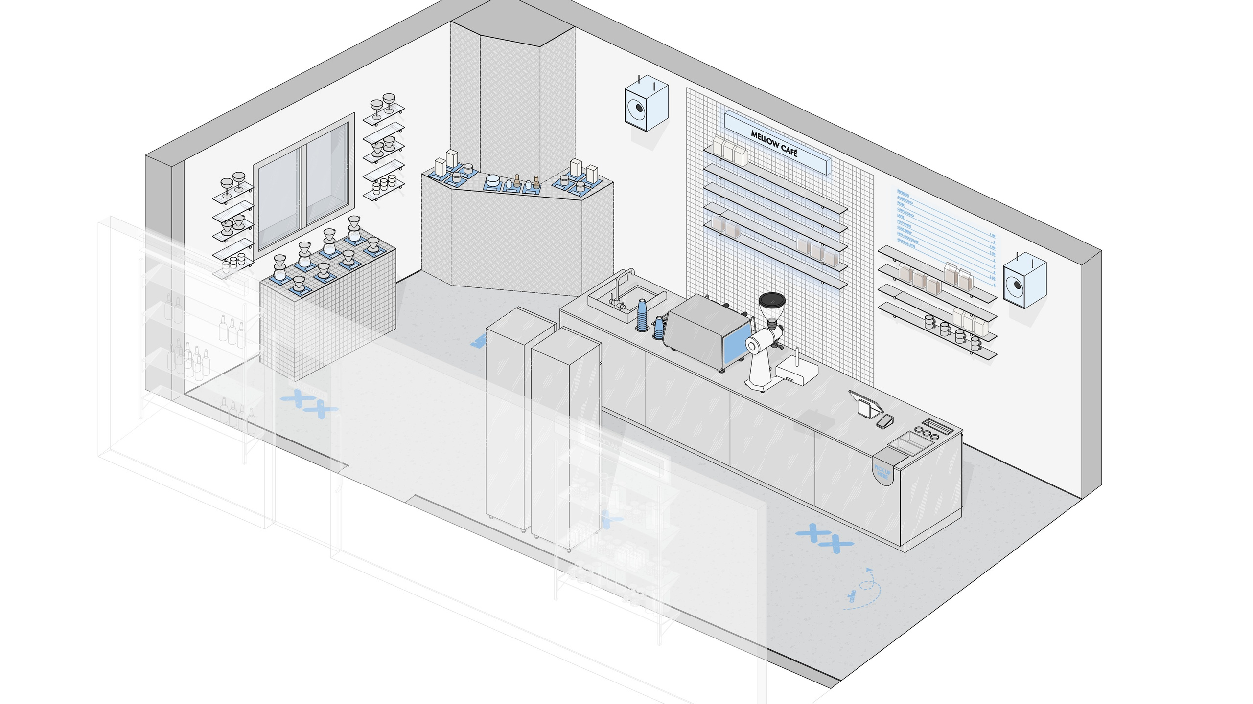 Axonometric view of a compact cafe with a service counter and seating