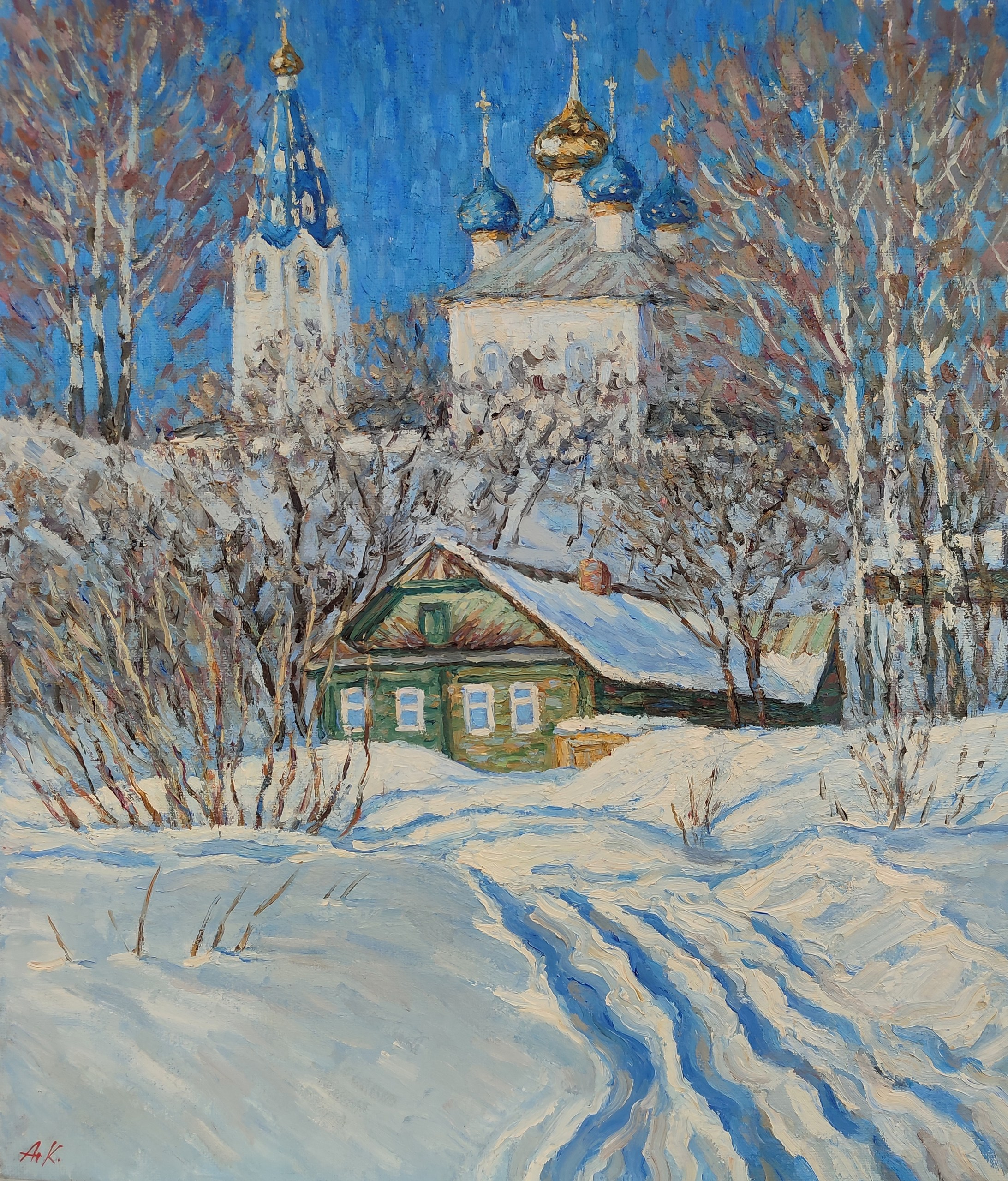 Мартовский звон - картина маслом , весенний деревенский пейзаж с церковью  