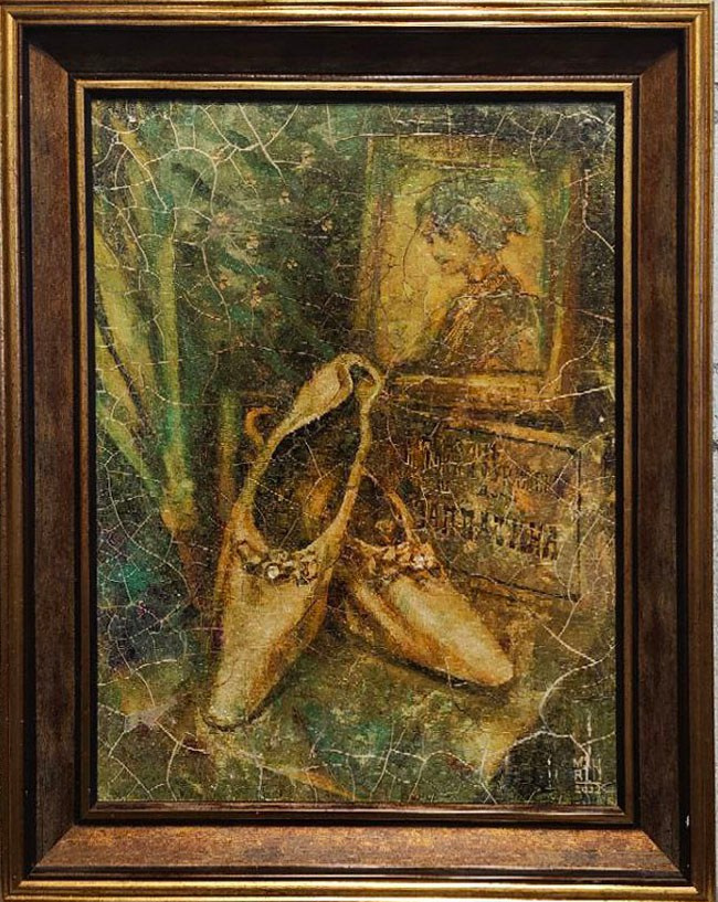 картины, картины маслом, масло,  природа, живопись, Нижний Новгород, старина, ретро стиль, Марина Новосельская, картина с кракелюром, женские тайны, портрет, женский портрет, туфли, бальные туфельки, эксклюзив, картина в подарок, картина женщине