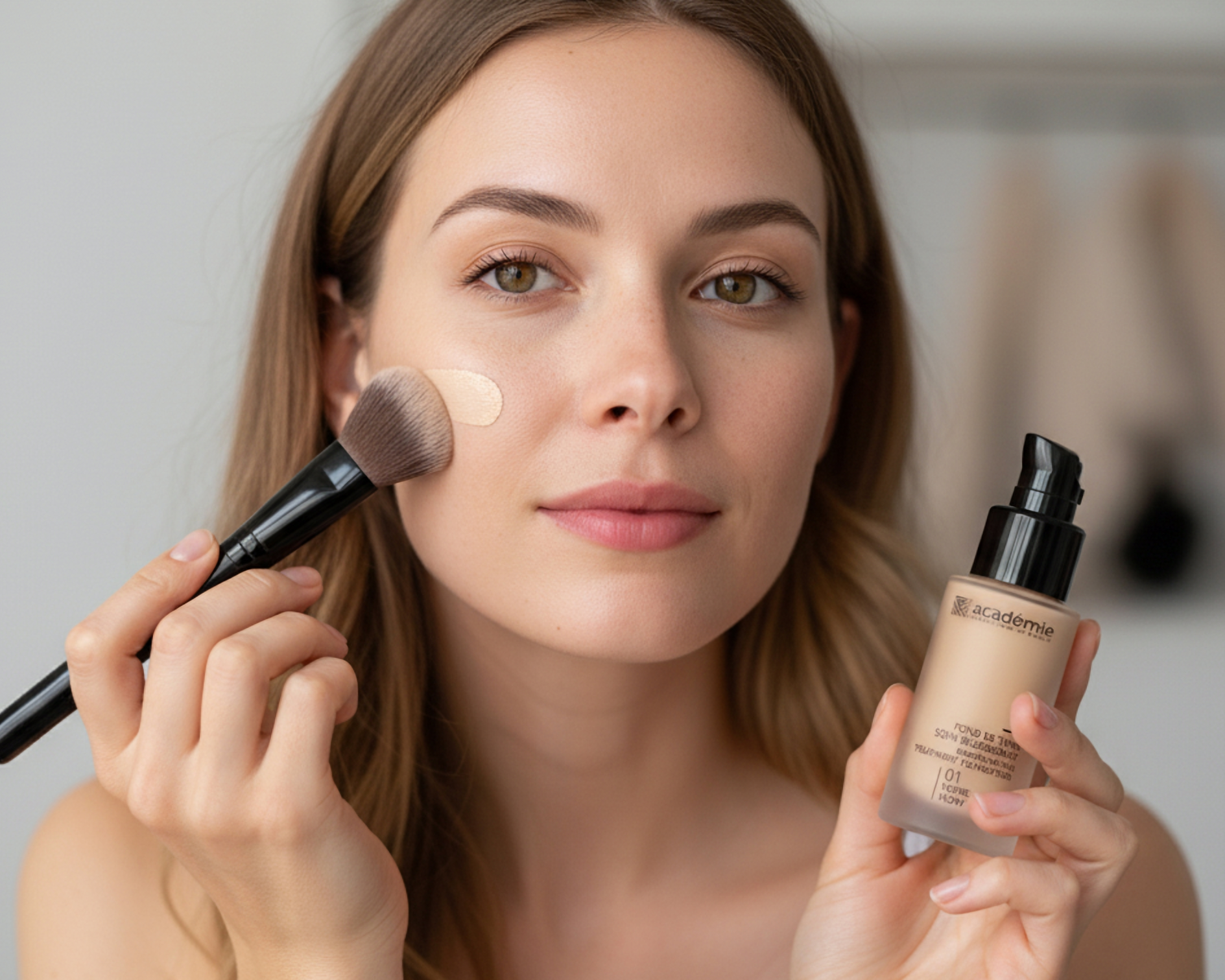 рекламное нейрофото тонального крема в руках модели