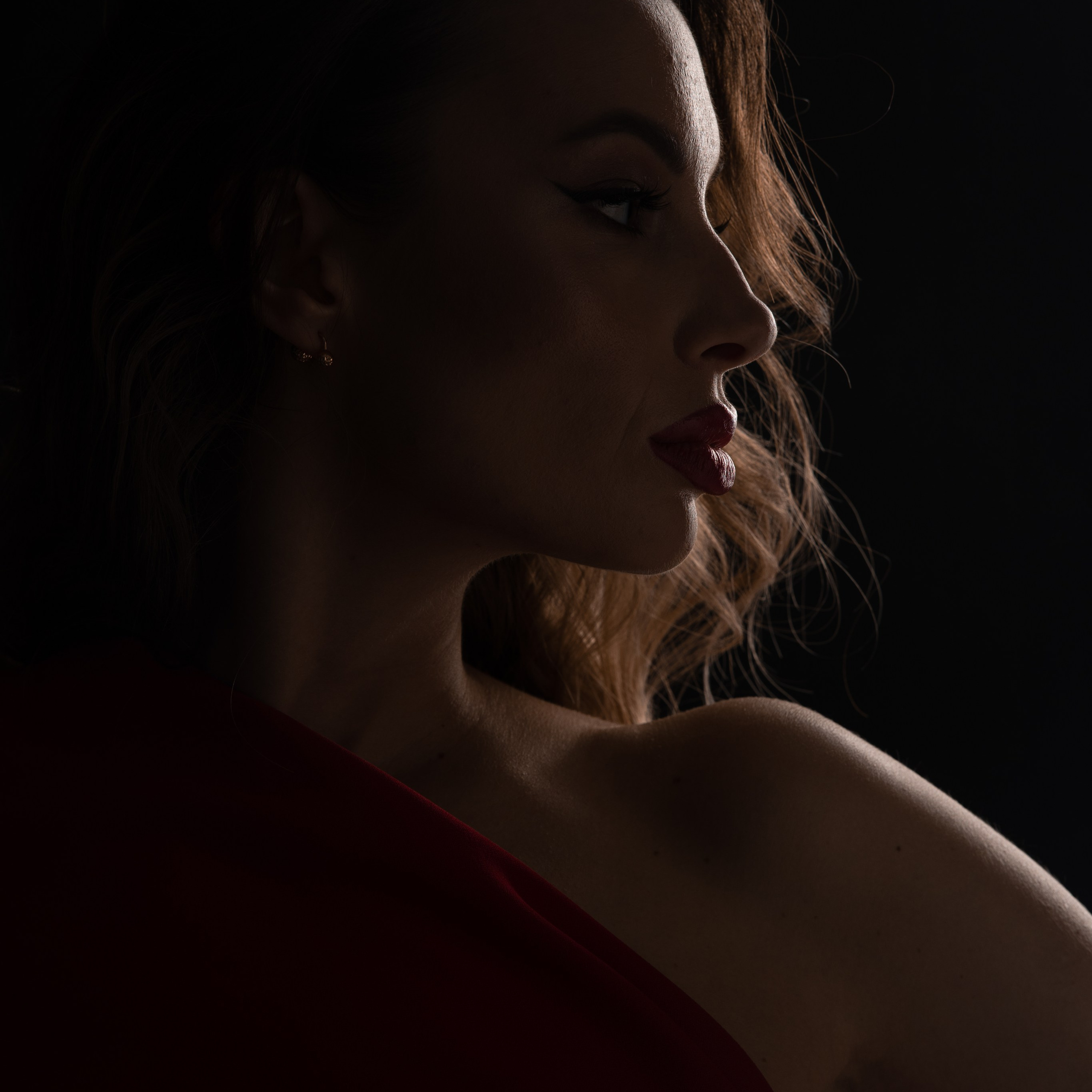 портрет девушки в студии на темном фоне в профиль