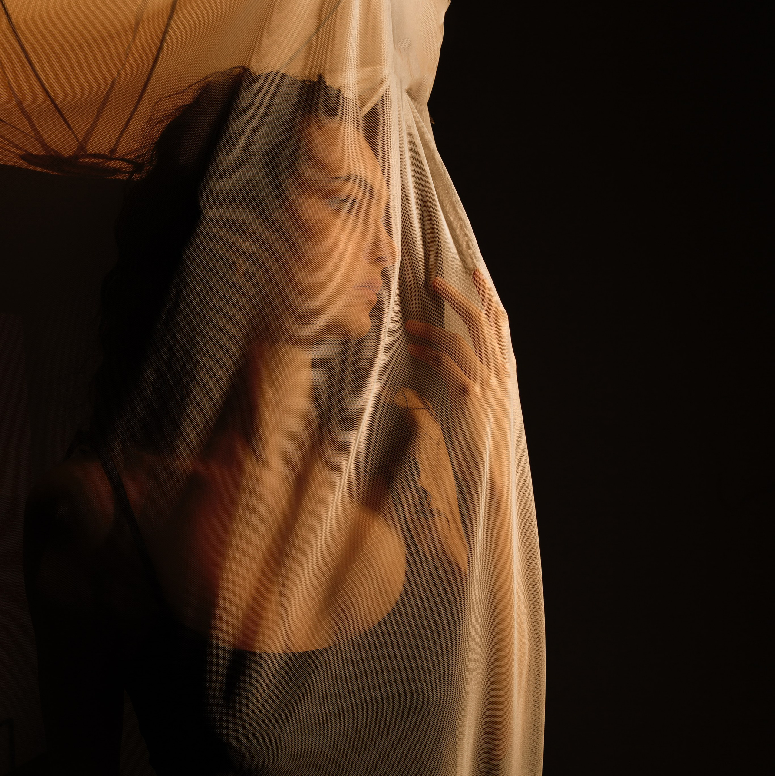 Силуэт девушки на чёрном фоне с движением ткани. Художественная фотосессия и её стоимость.
