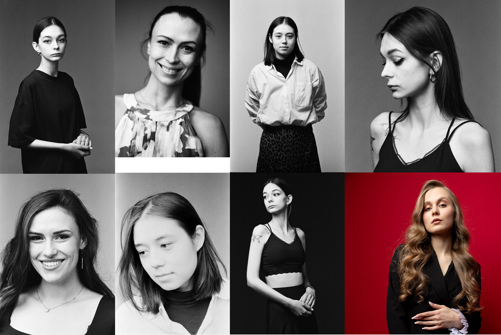 Коллаж из черно-белых и цветных портретов, снятых на пленку — художественная пленочная фотосессия в студии.