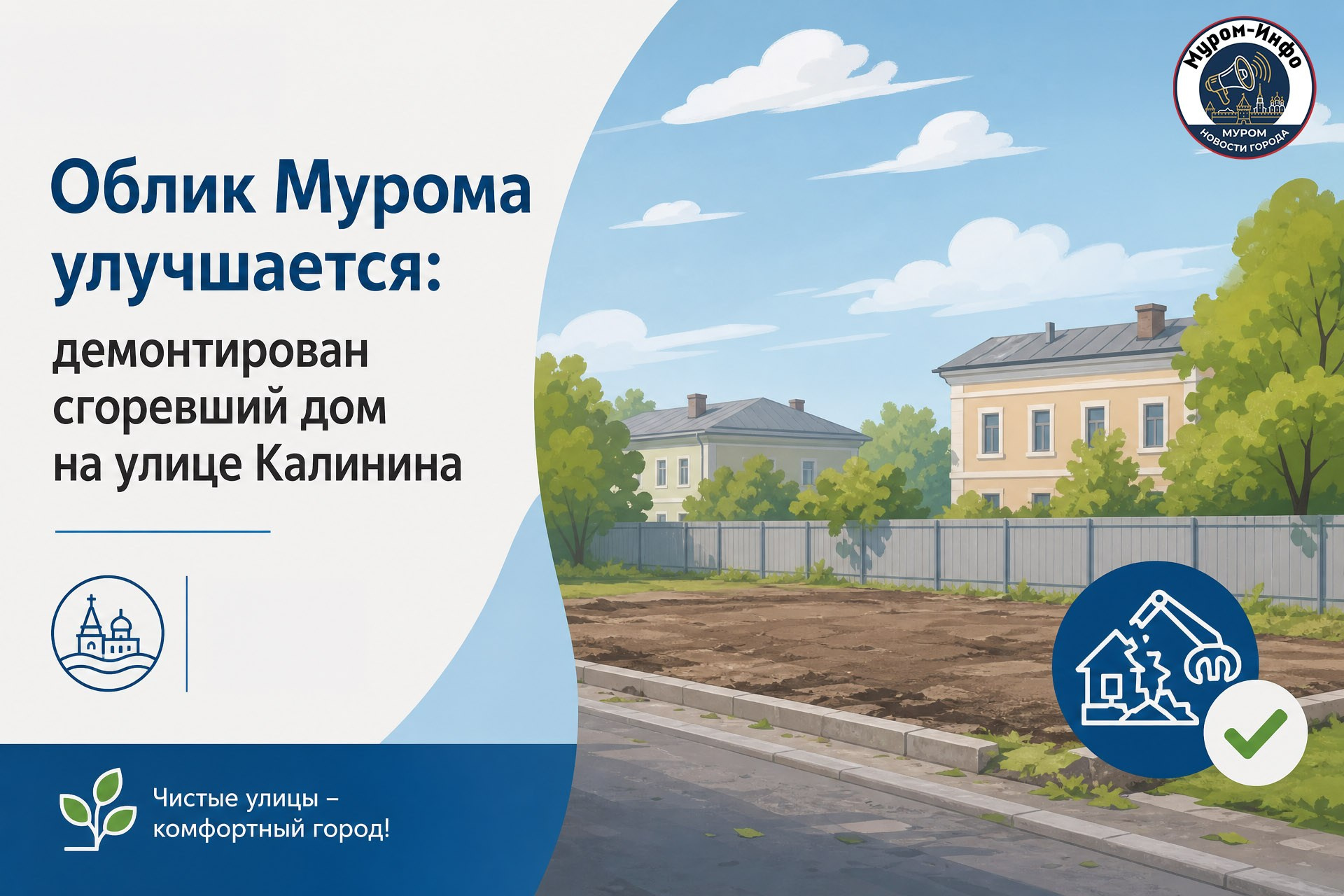 Облик Мурома улучшается: демонтирован сгоревший дом на улице Калинина