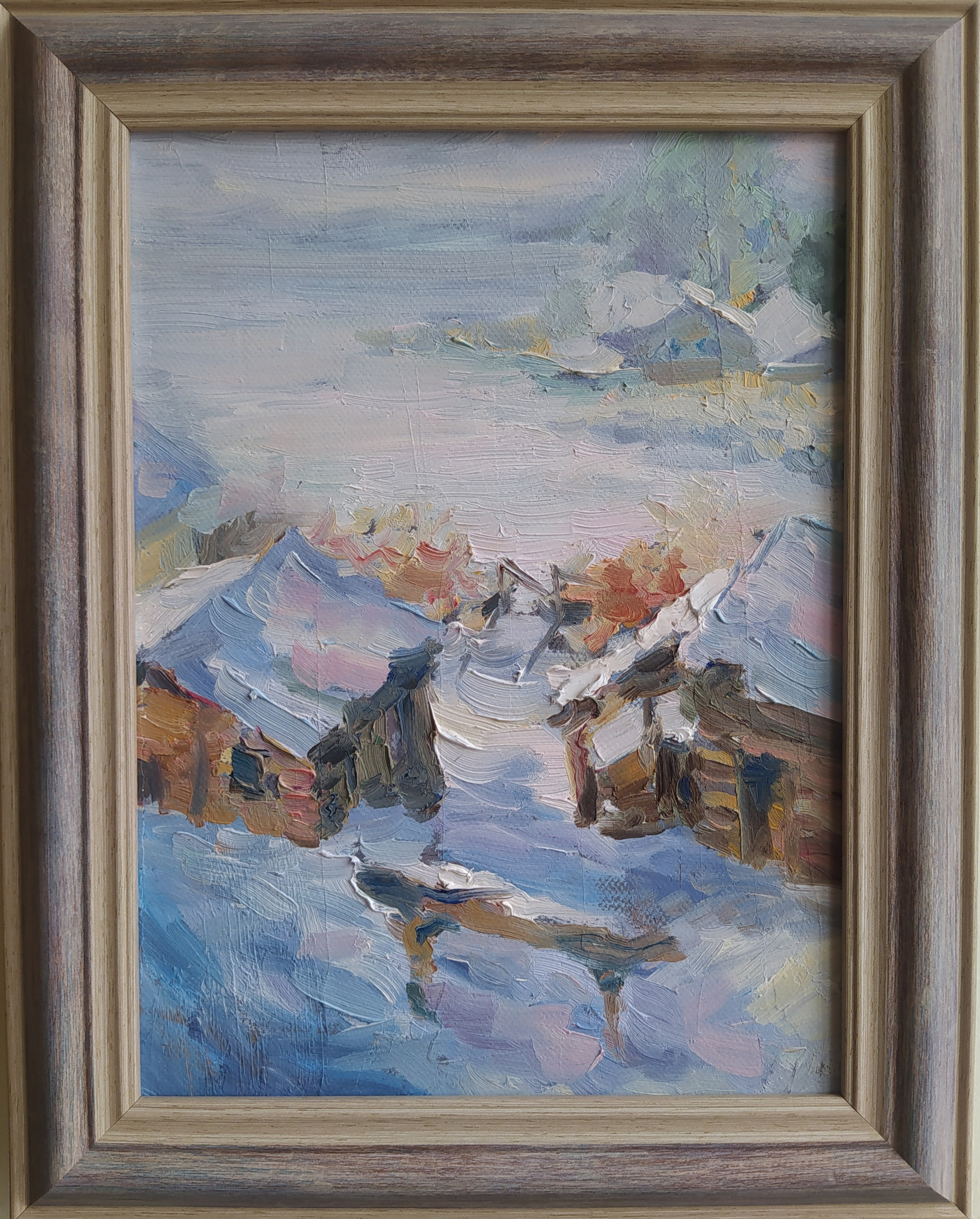 картины, живопись, масло, акрил, пейзаж, зима, мороз, солнце, снег, деревня, дом, картина в интерьер