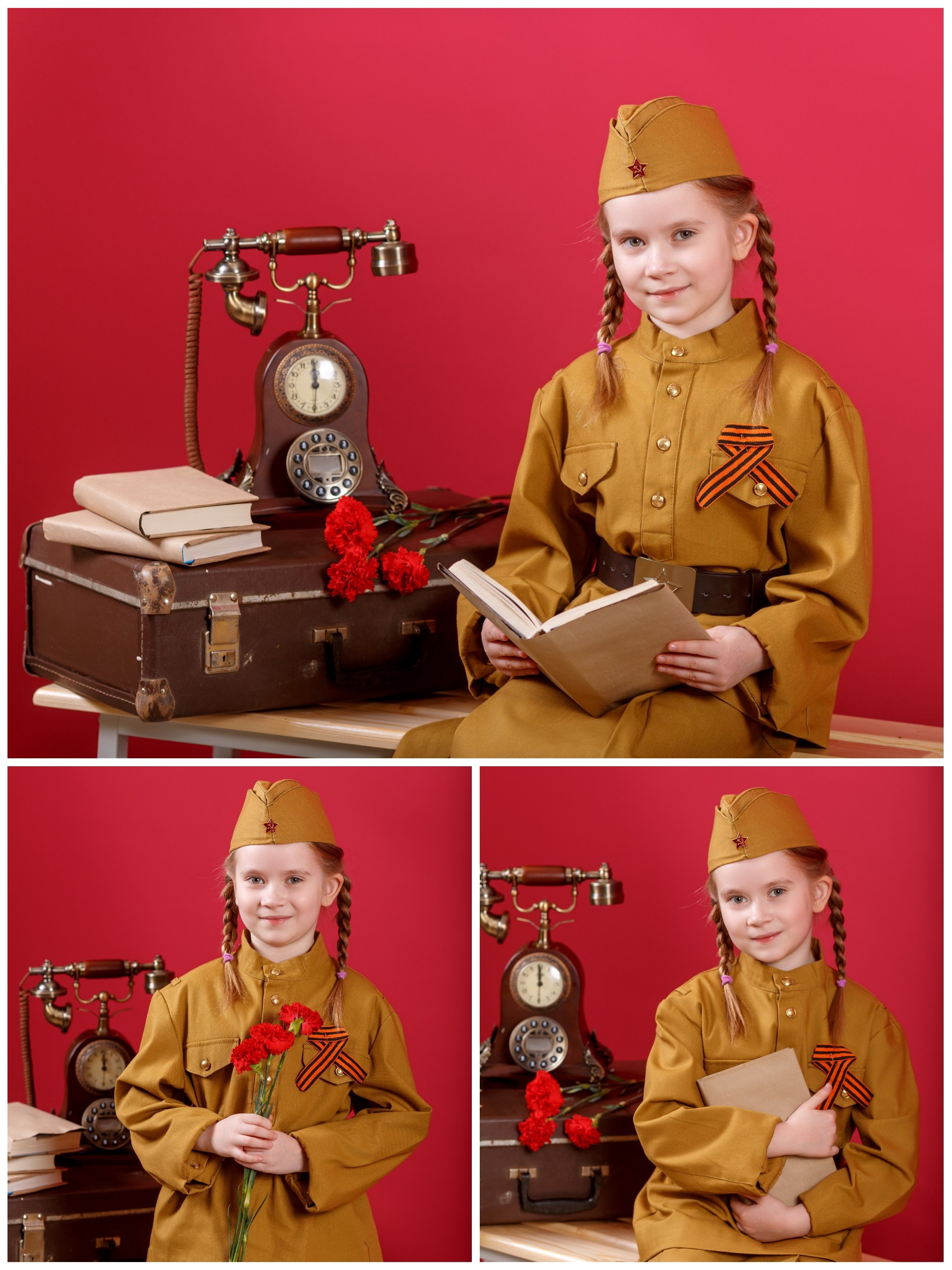 Патриотический фотопроект в Празднику 9 мая. Девочка в военной форме силит с книгой в руках рядом с чемоданом и ретро телефоном. Работа школьного фотографа студии Вышка в Домодедово.