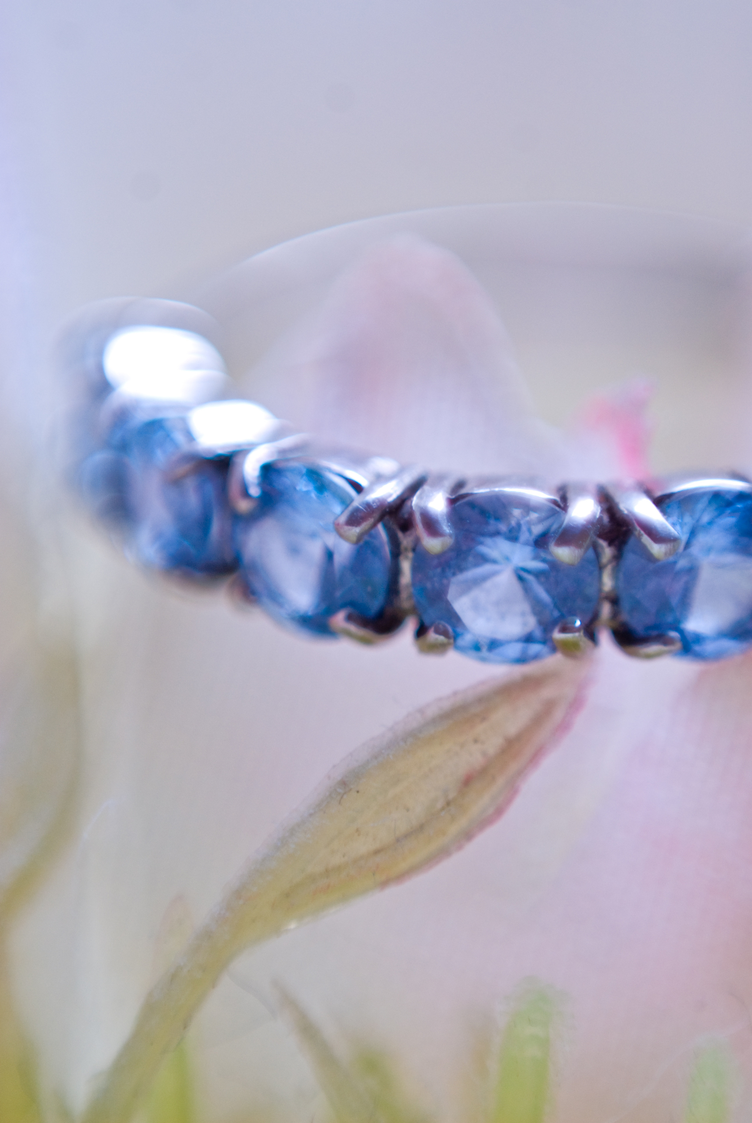 серебряное кольцо с голубыми фианитами в режиме макро на розовом цветке