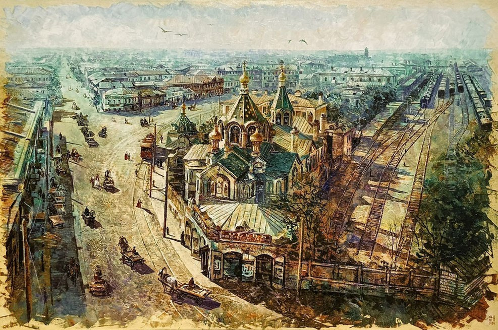 картины, интерьерные картины, картины маслом, масло, природа, живопись, Нижний Новгород, город, картина с Нижнем Новгородом, виды Нижнего, церковь, картина с церковью, усадьба, старина, ретро стиль, прогулка по Нижнему, осень, осенняя картина, Старый Нижний, нижегородские виды, железная дорога, московский вокзал