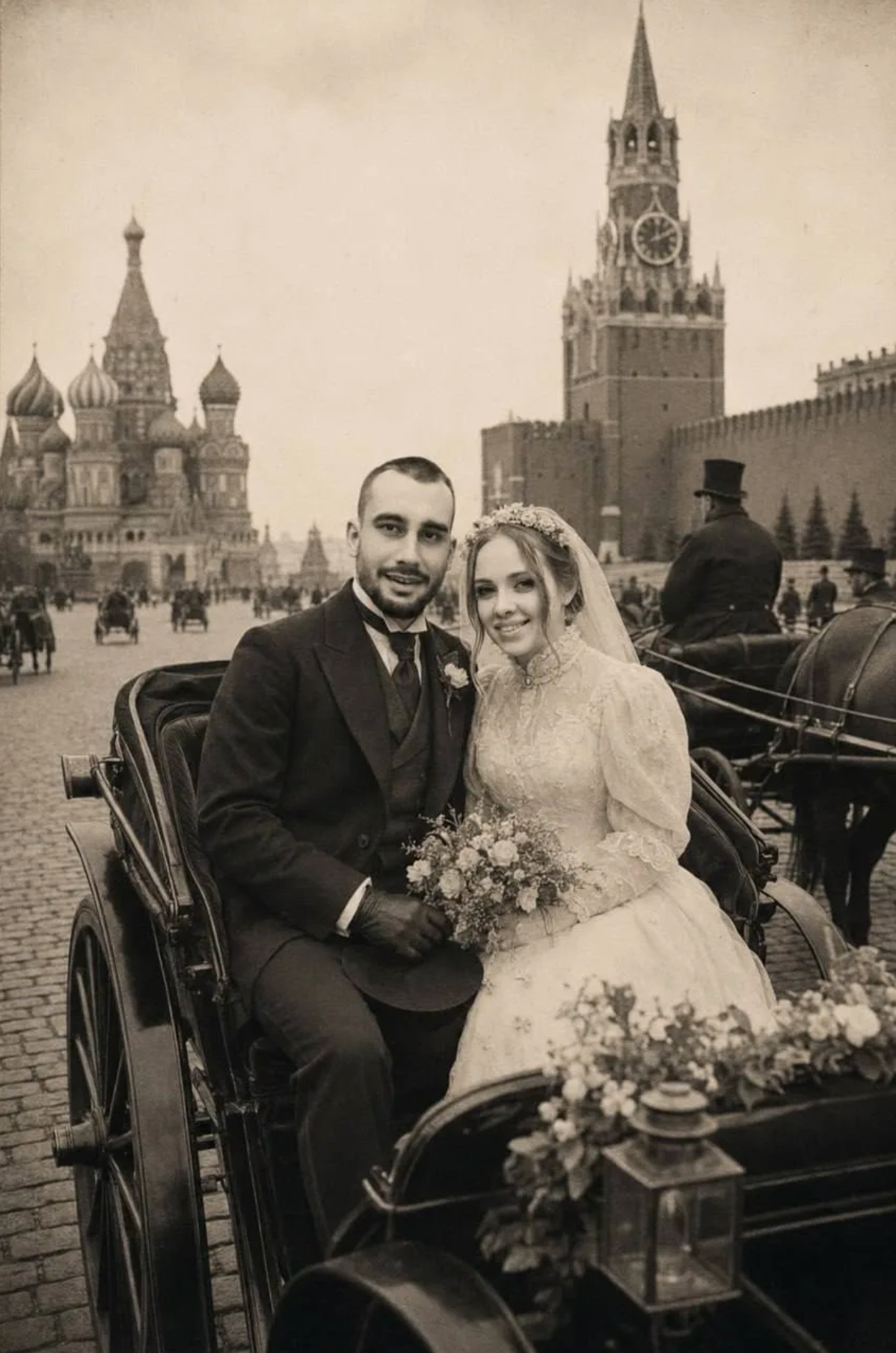 Свадебная фотография в бричке на Красной площади начала 19 века. Превращаю ваши старые свадебные фото в новую историю. Присылай фото - сделаю за скромный гонорар подробнее на https://foto-video-svadba.ru/